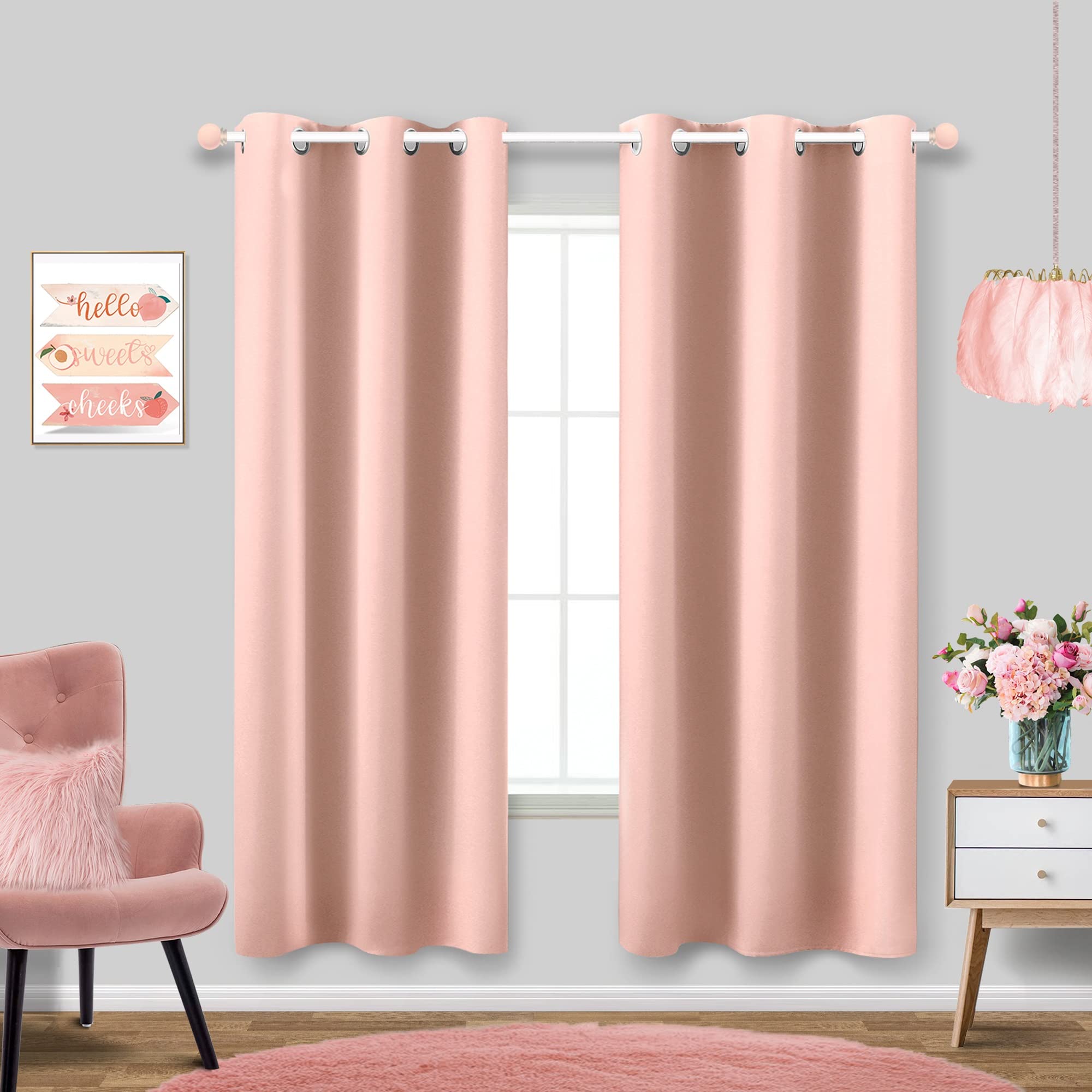 Blush Muted Pink Curtains 72 Inches Long for Kids Room Set 2 Panel Window Blackout Drape Insulated Thermal Darken Rose Gold Curt