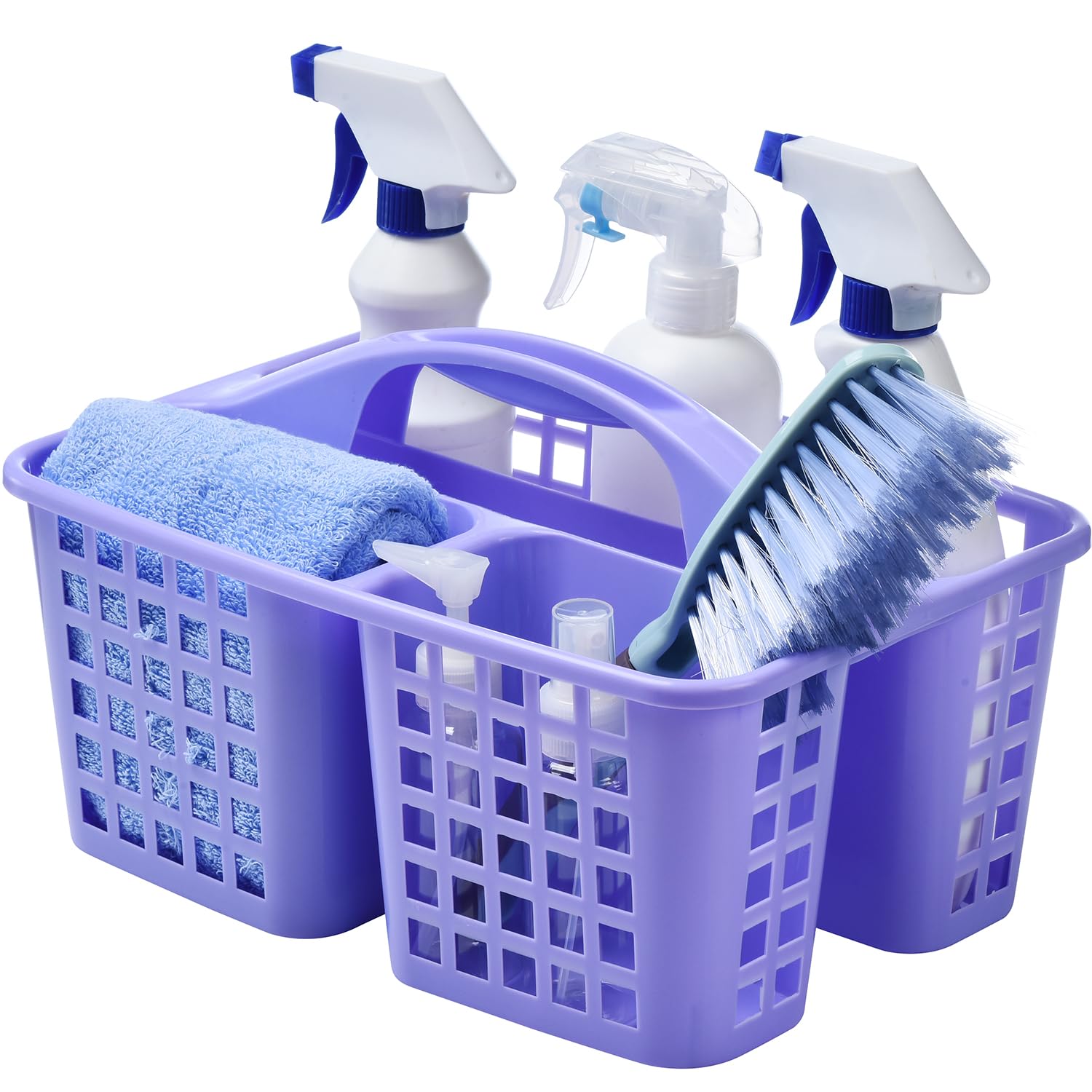 Haundry Plastic Shower Caddy Basket with 3 Compartments, Portable Divided Cleaning Supply Storage Organizer with Handle (Purple)