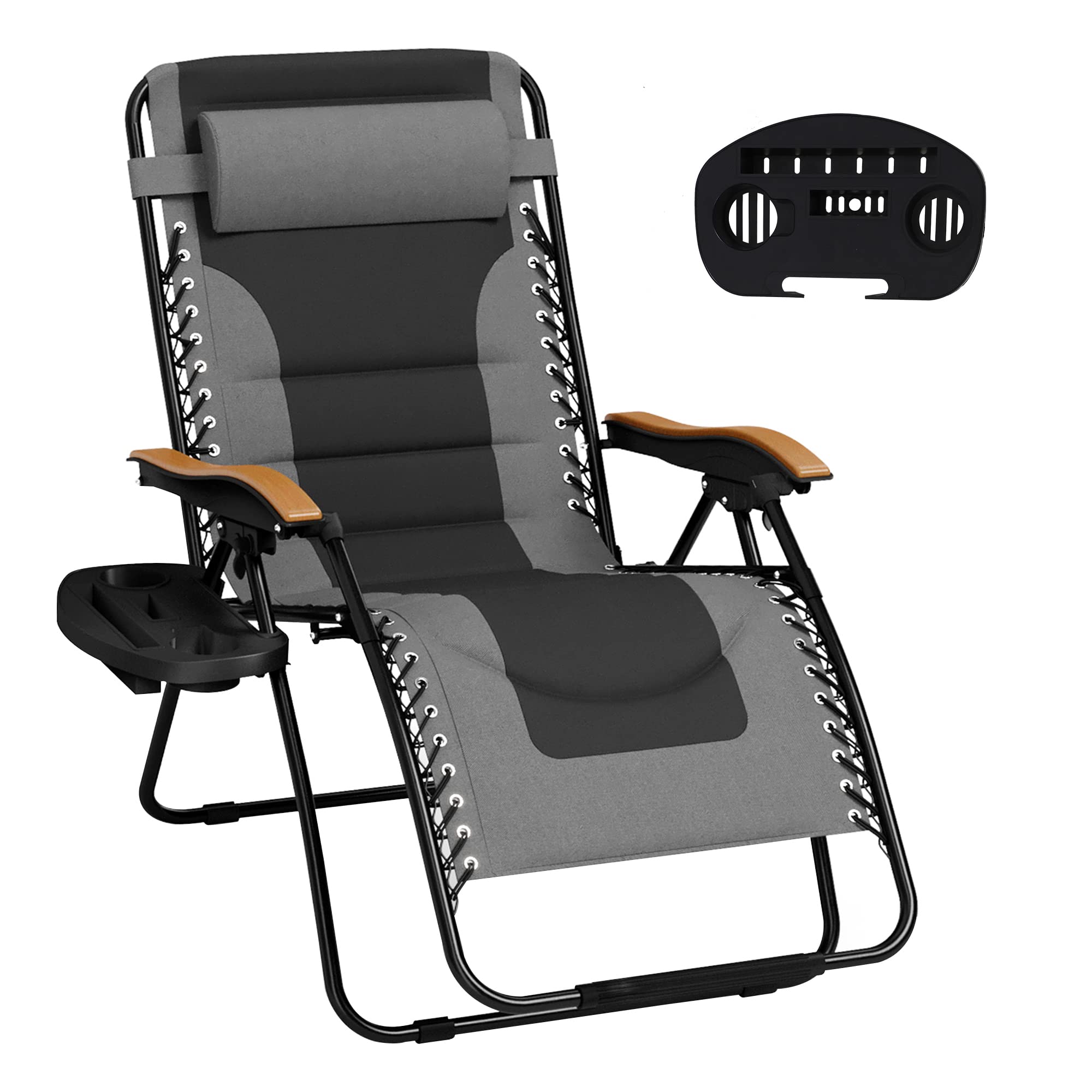 Mfstudio Zero Gravity Chairs, Oversized Patio Recliner Chair, Padded Folding Lawn Chair With Cup Holder Tray, Support 400Lbs, Grey