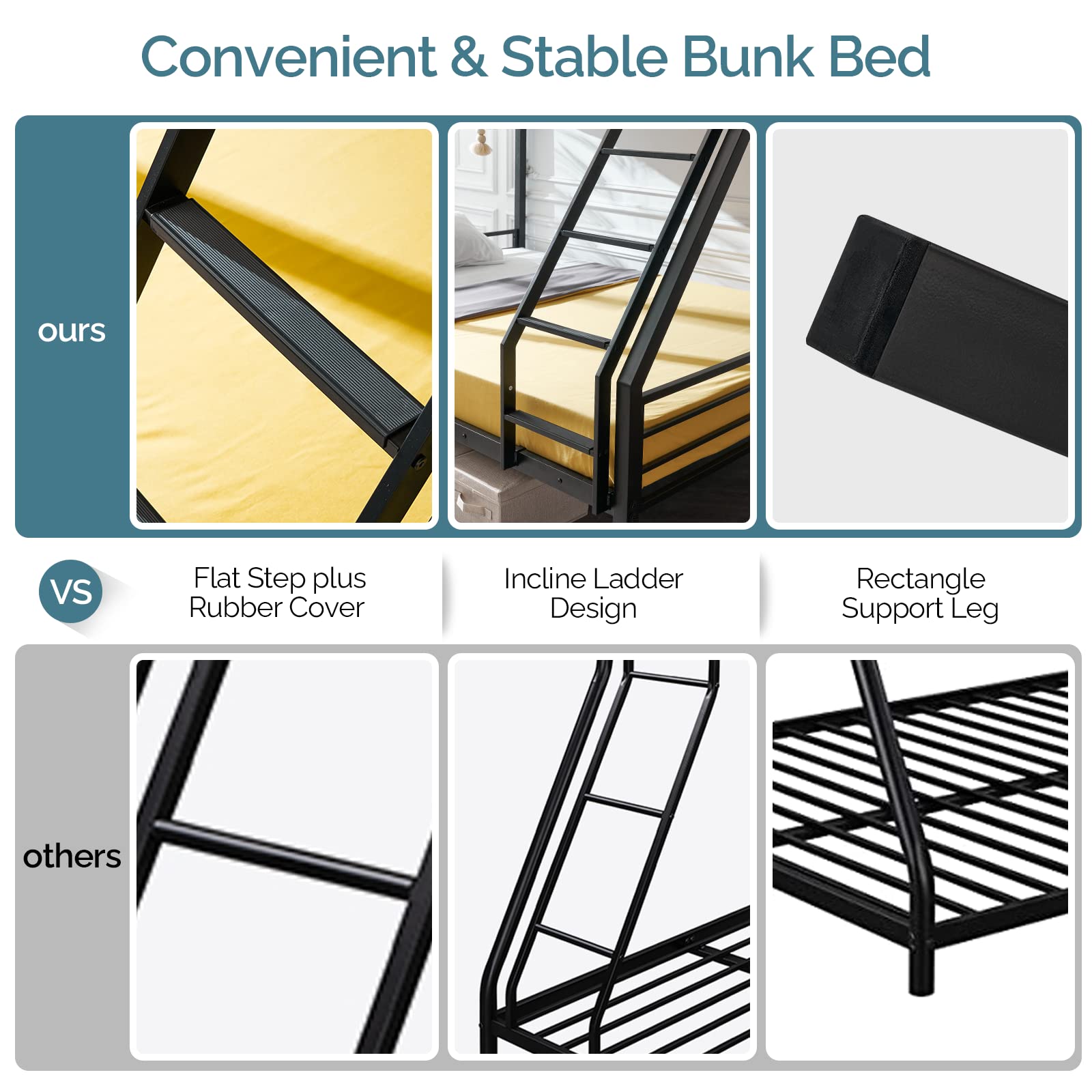 Vingli Twin Over Full Bunk Bed For Kids/Adults With Stairs Flat Rungs, Heavy Duty Metal Slats, No Box Spring Needed, Black