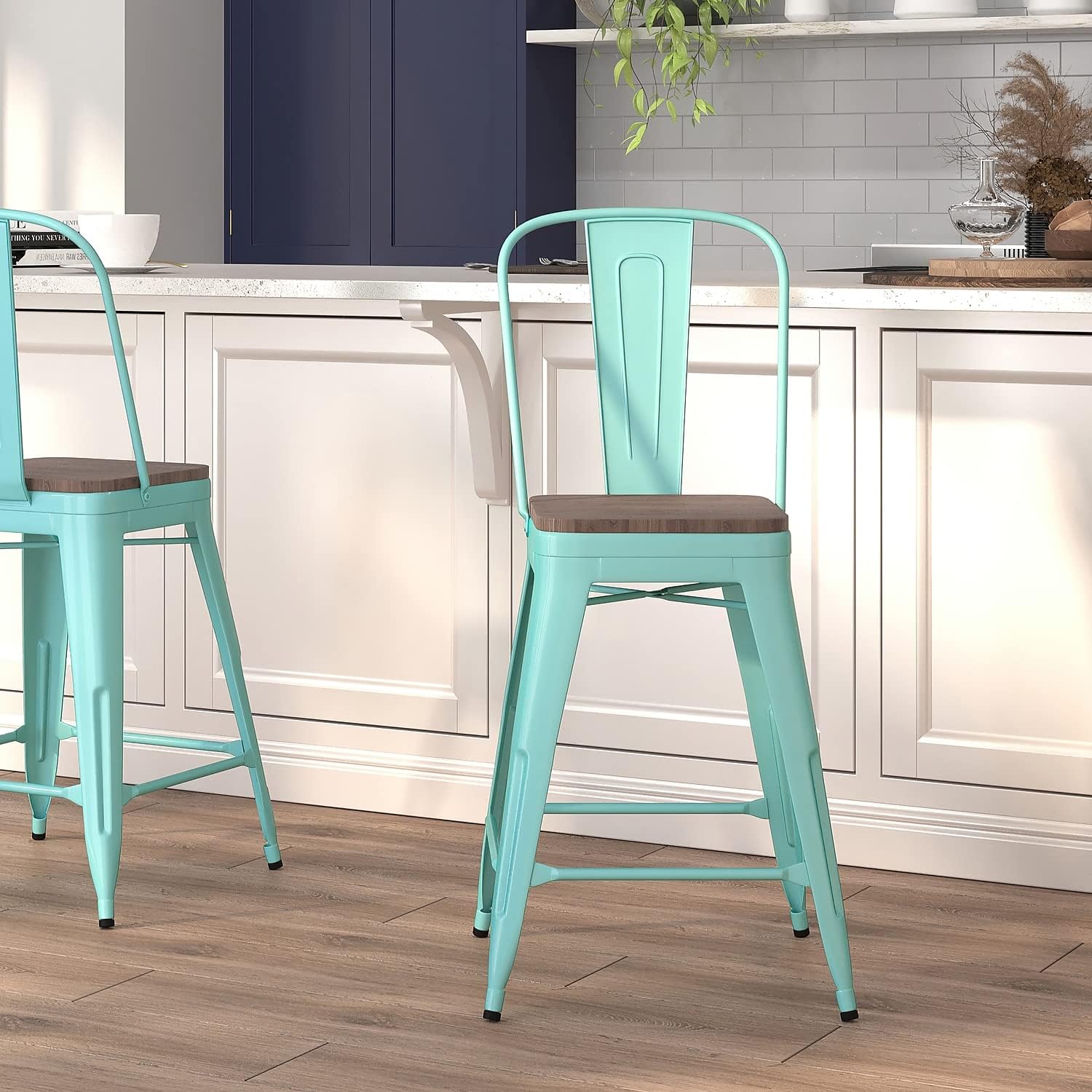 24 High Mint Green Metal Counter Height Stool with Back and Wood Seat