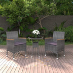 vidaXL - Patio Dining Set 3 Piece/Poly Rattan Conversation Set/Tempered Glass Table and Cushioned Chairs/Ergonomic Design for Garden, Patio, Deck/Lounging Furniture - Gray