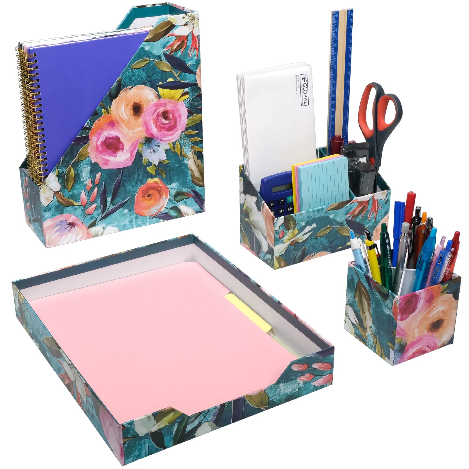 Global Printed Products Designer Printed Desk Organizer Set, Includes Letter Tray, Folder Stand, 3-Section Organizer, Pen Holder