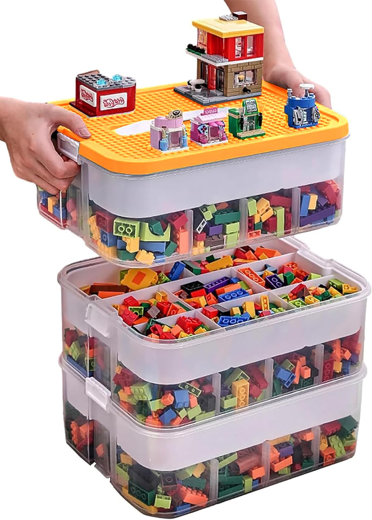 Kids Toy Organizer for Lego Stackable Storage Compartments Bins With Base Plates Lids 3 Tiers Clear Building Bricks Board Game P