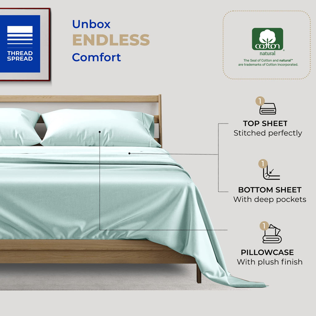 Thread Spread Twin Xl Sheets - 400 Thread Count 3 Pc Xl Twin Sheet, 100% Cotton Twin Xl Sheet Sets, Extra Long Twin Sheets For Dorm Room, Soft, Cooling & Luxury Sateen Sheets, Cotton Sheets (Sea Foam)