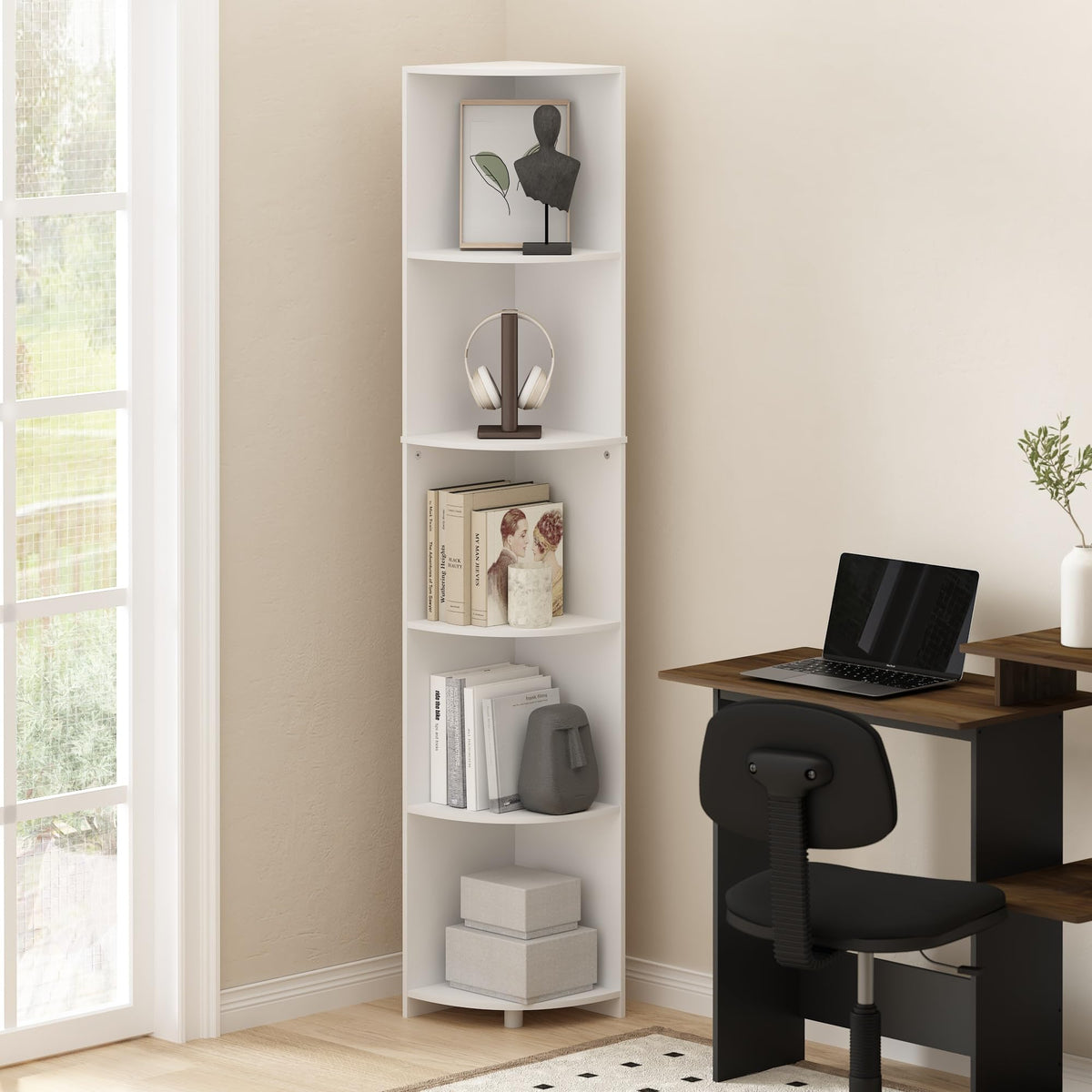 Furinno Econ 5-Tier Corner Shelf Bookcase, Bookshelf, White