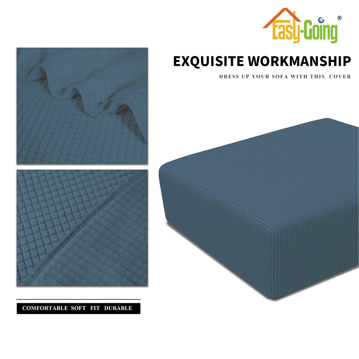 Easy-Going Stretch Square Ottoman Cover 40X40X15 Inch Folding Storage Stool Furniture Protector Soft Rectangle Slipcover With Elastic Bottom Bluestone