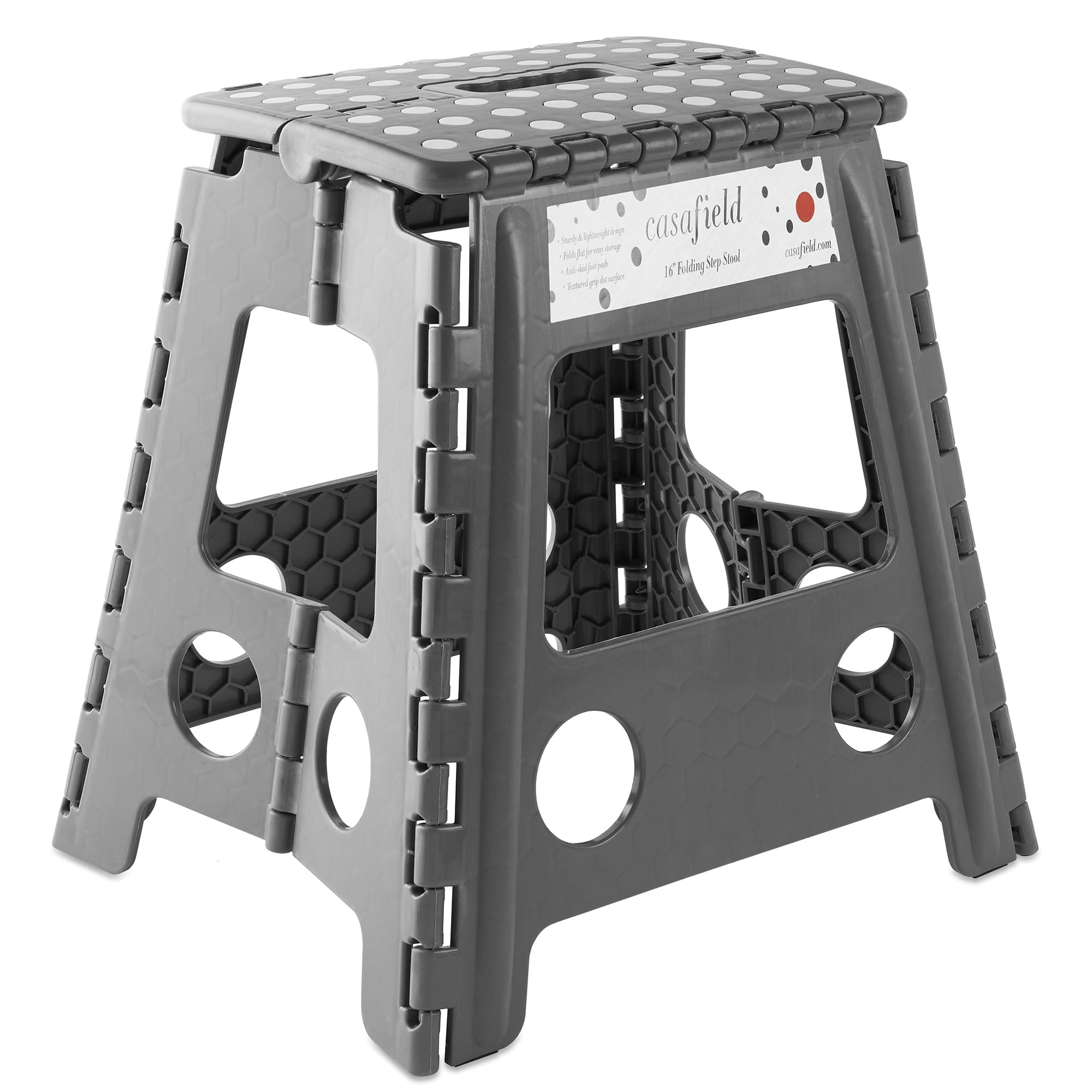 Casafield 16 Folding Step Stool with Handle, Gray - Portable Collapsible Small Plastic Foot Stool for Adults - Use in The Kitche