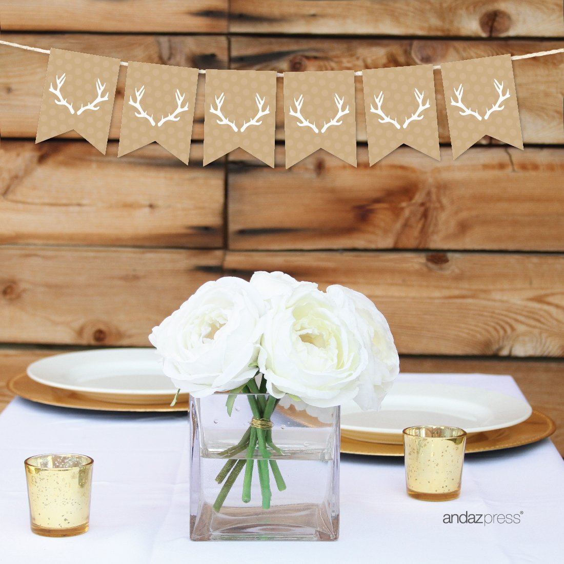 Andaz Press Hanging Pennant Party Banner With String, Tan Deer Antlers, 9-Feet, 1-Set, Decor Paper Decorations, Includes String