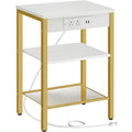 Hoobro End Table With Charging Station And Usb Ports, 3-Tier Nightstand With Adjustable Shelves, Small Side Table For Small Space In Living Room, Bedroom And Balcony, White And Gold Dw112Bz01G1