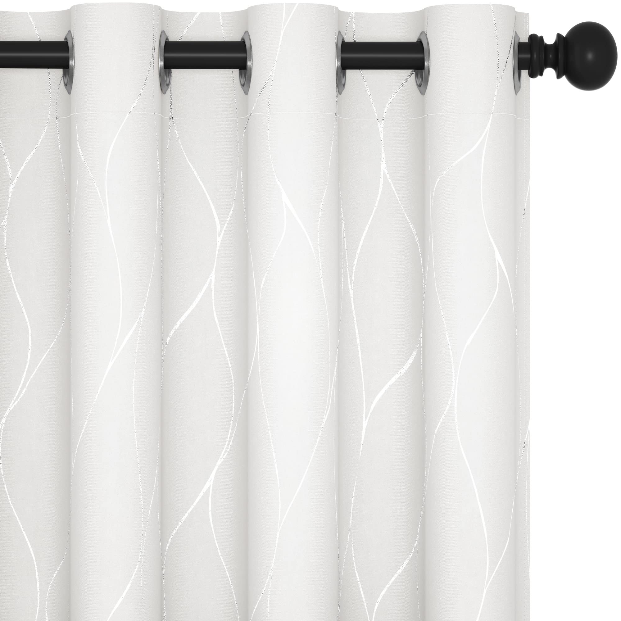 Deconovo Pure White Silver Wave Print Room Darkening Curtains, 50% Light Blocking Curtains For Bedroom Living Room, 52X96 Inch,