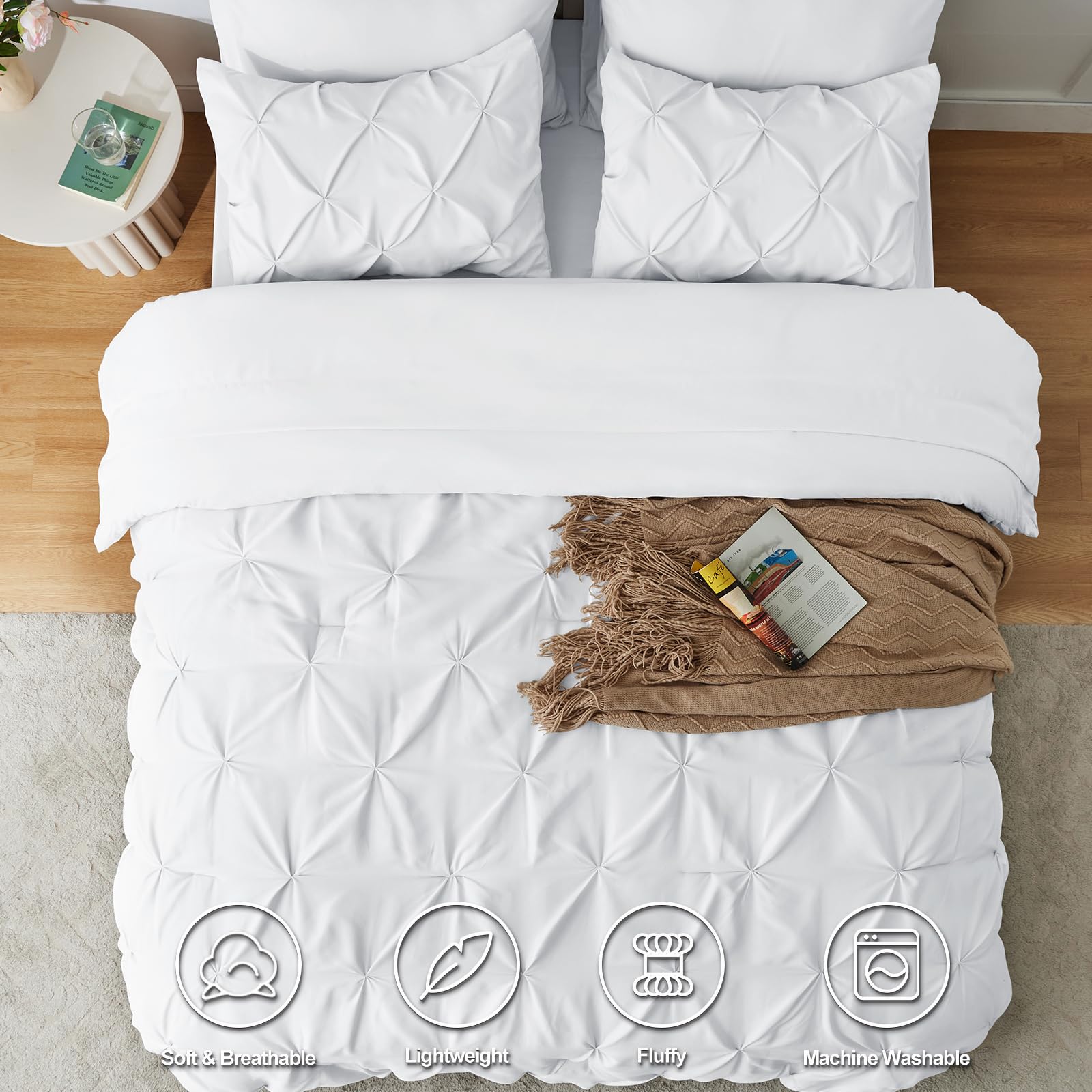 Himeet White Queen Comforter Set 7 Pieces White Queen Comforter(88''X88'') Pintuck White Comforter Set Pinch Pleat White Comfort