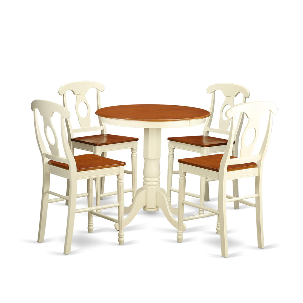 East West Furniture EDKE5-WHI-W 5 Piece Kitchen Counter Set Includes a Round Dining Room Table with Pedestal and 4 Dining Chairs, 30x30 Inch, Buttermilk & Cherry