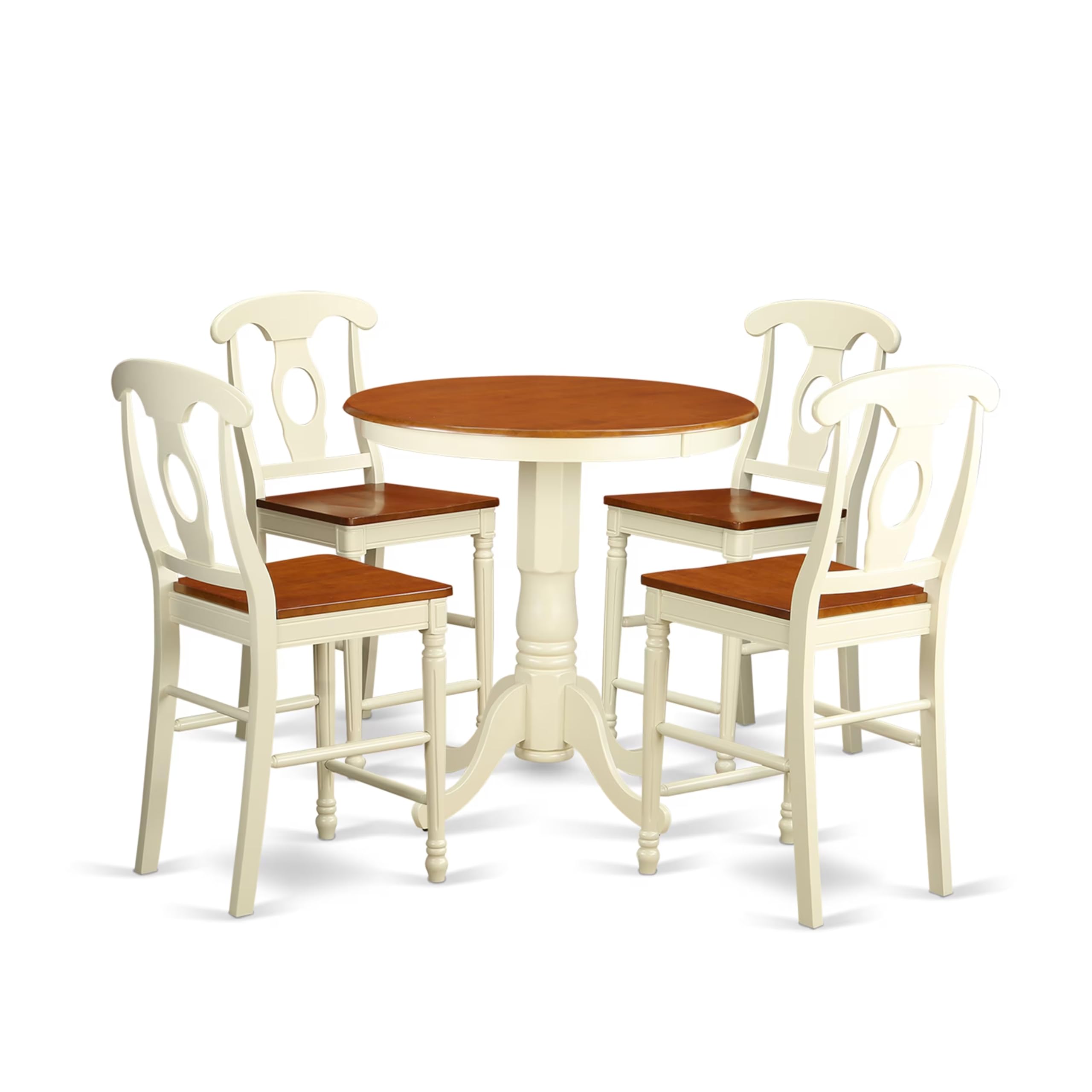 East West Furniture EDKE5-WHI-W 5 Piece Kitchen Counter Set Includes a Round Dining Room Table with Pedestal and 4 Dining Chairs, 30x30 Inch, Buttermilk & Cherry