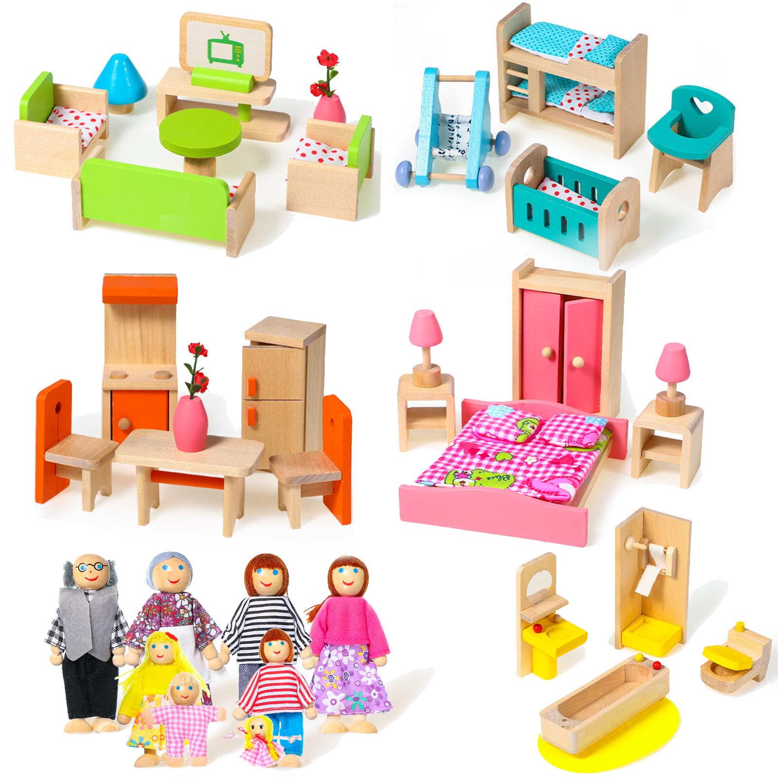 Civaner 52 Pcs Wooden Dollhouse Furniture Set Including 8 Family Dolls Miniature Doll House Accessories 1:12 Scale 5 Space Kits 