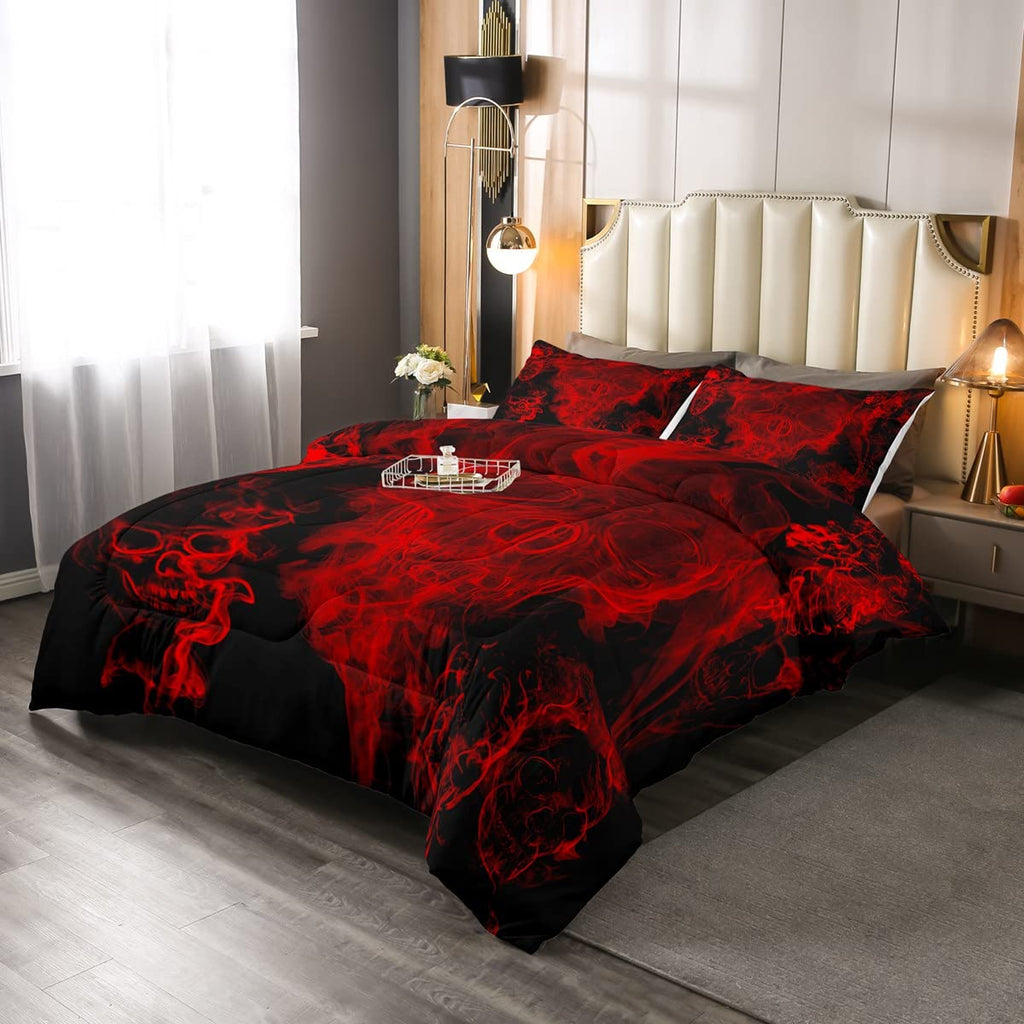 Gothic Skull Bedding Set Red And Black Skeleton Comforter Set Full For Kids Boys Teen Men,Psychedelic Goth Skull Quilted Duvet T
