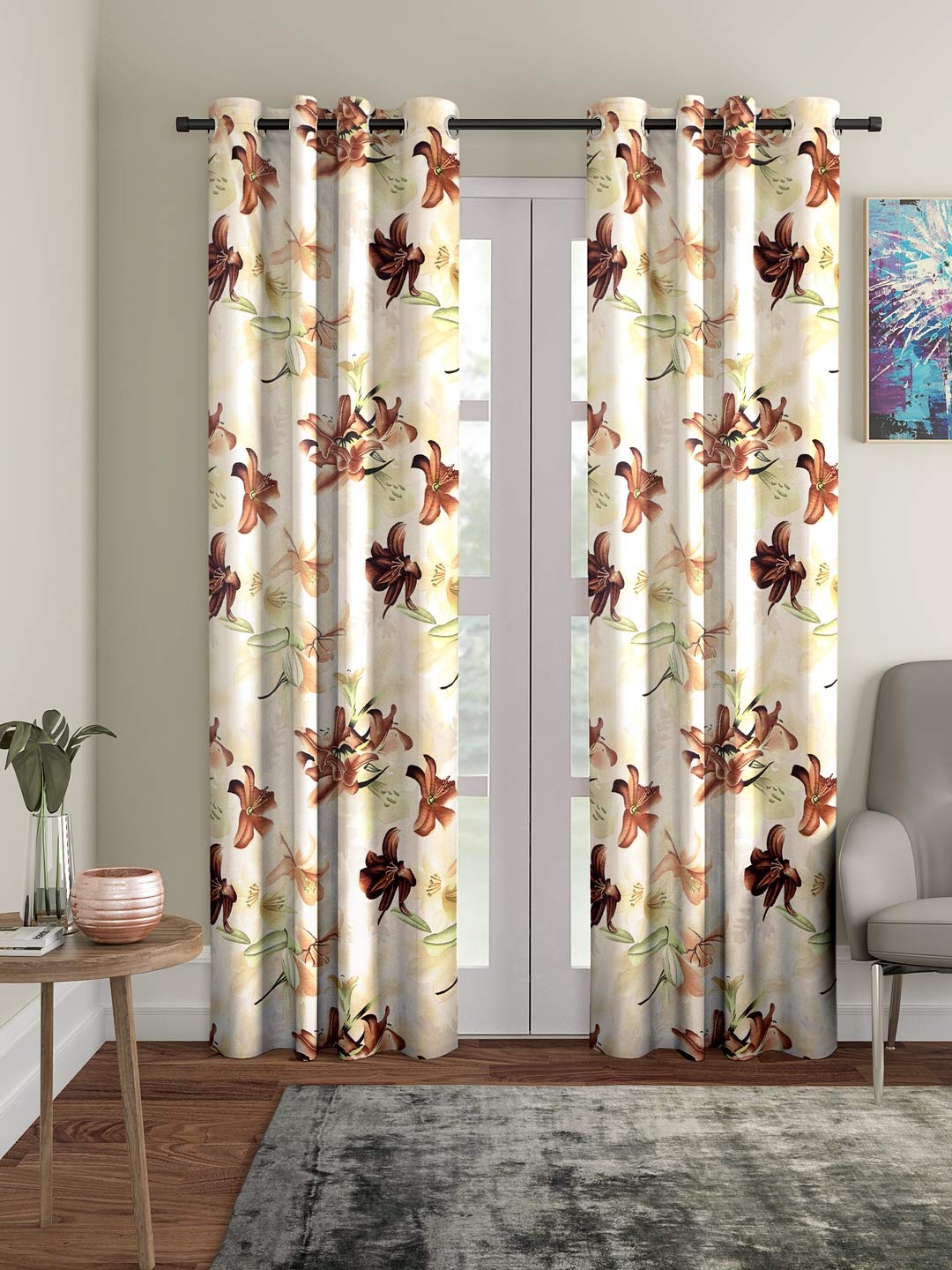 Home Sizzler 2 Pieces 3D Flower Eyelet Polyester Door Opaque Curtains  7 Feet, Brown