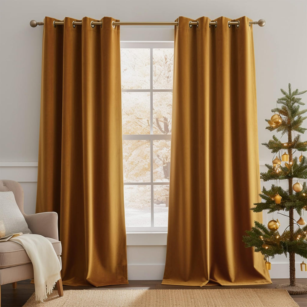 Lazzzy Blackout Velvet Curtains Gold Thermal Insulated Curtains 90 Inch Long Drapes For Bedroom Living Room Darkening Window Treatments Grommet Living Room Curtains Set Of 2 Panels Gold Brown