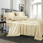 Treely 4 Piece Satin Sheets Twin Size Silky Smooth Beige Satin Sheet Set With Deep Pocket, Satin Fitted Sheet, Flat Sheet, 2 Sat