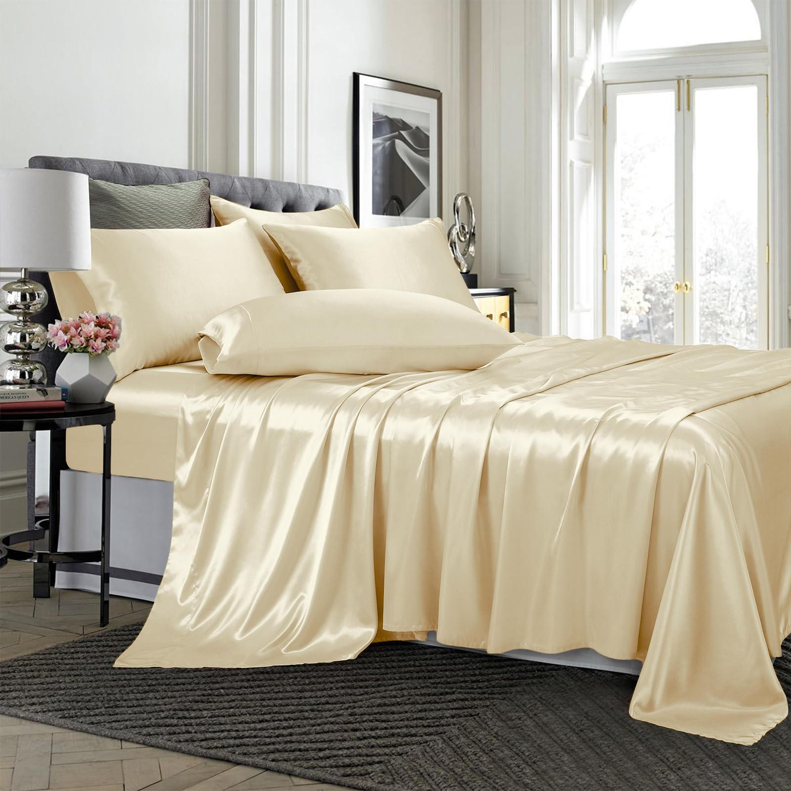 Treely 4 Piece Satin Sheets Twin Size Silky Smooth Beige Satin Sheet Set With Deep Pocket, Satin Fitted Sheet, Flat Sheet, 2 Sat