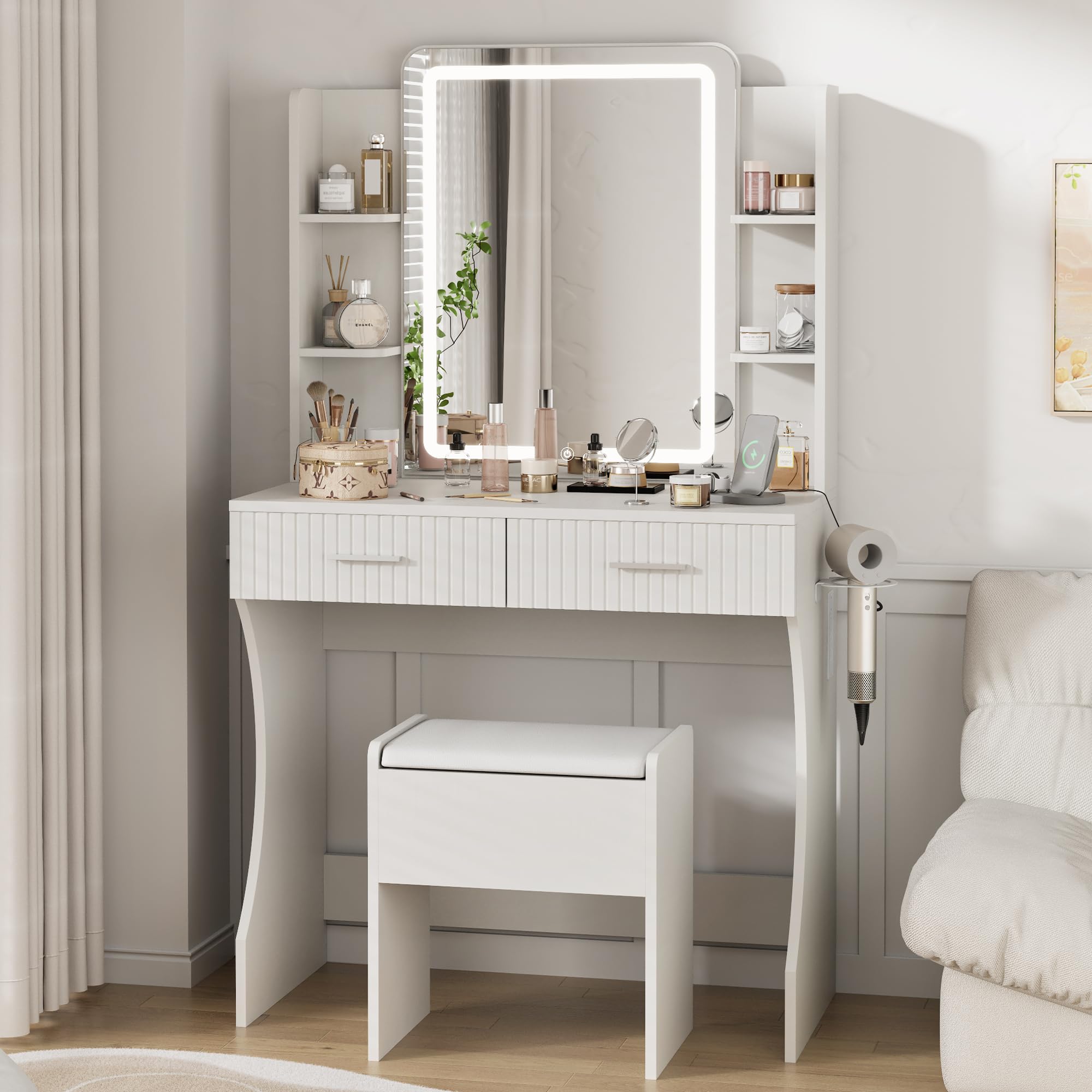 Otterease Vanity Desk with LED Lighted Mirror, Makeup Vanity with 3 Adjustable Lights, 2 Large Drawers and 4 Open Shelves, White