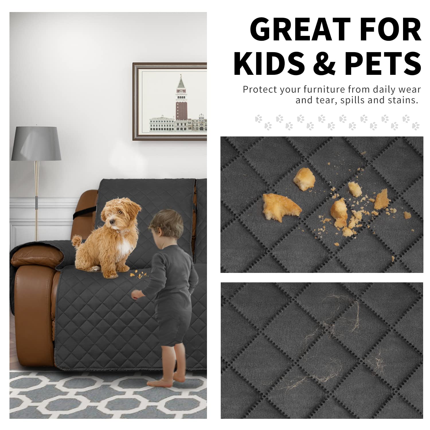 Easy-Going Oversized Recliner Sofa Cover, Reversible Couch Cover For 3 Seat Recliner, Split Sofa Cover For Each Seat With Elastic Straps For Kids, Dogs, Pets (3 Seater, Dark Gray/Dark Gray)