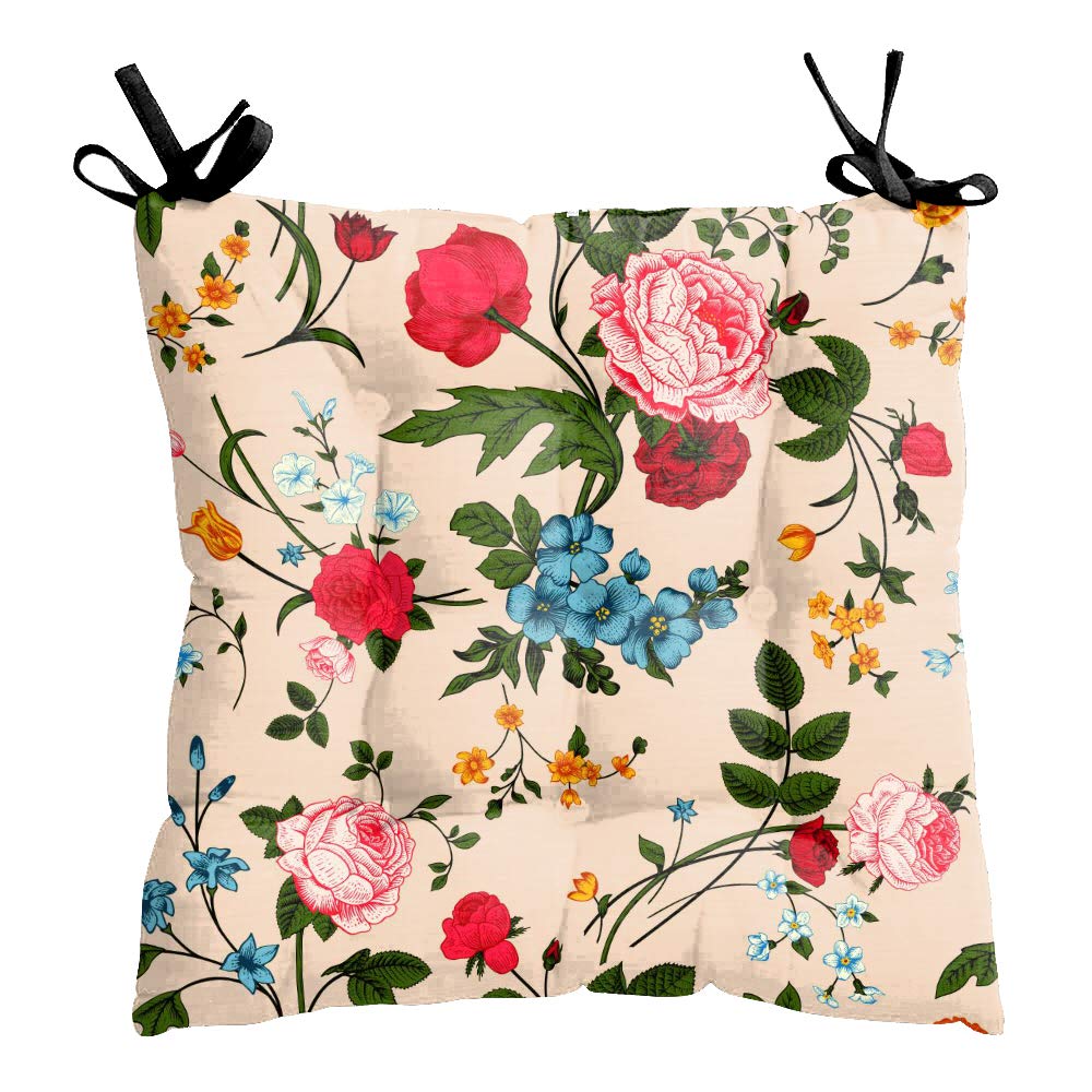 Mukesh Handicrafts Polyester Filler Flower Printed Square Chair Pads/Seat Cushions With Ties | Multipurpose Uses For Sitting, Po