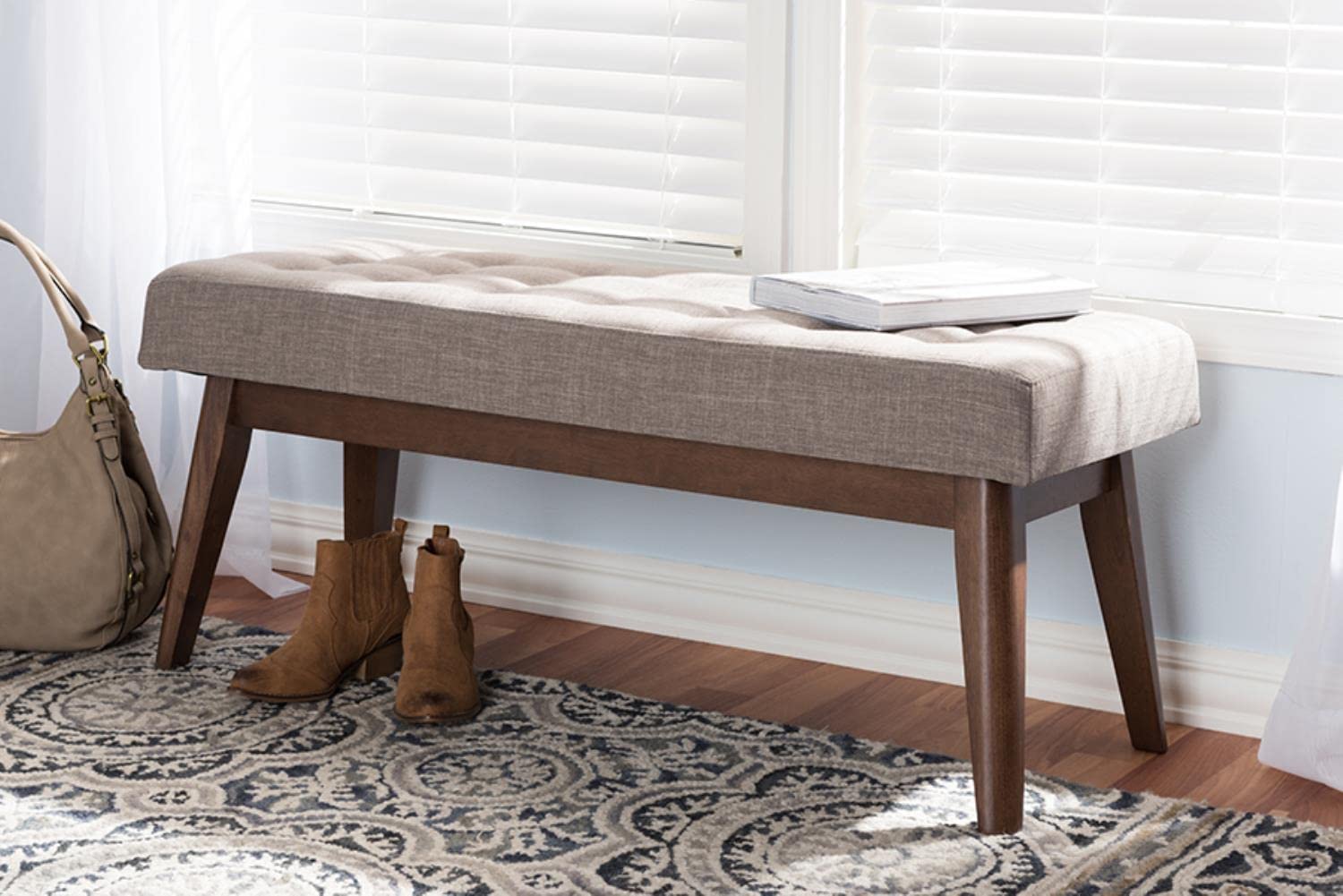 Baxton Studio Elia Mid-Century Modern Walnut Wood Light Grey Fabric Button-Tufted Bench, 17.72 in High, 42.99 in Wide, 15.98 in Deep