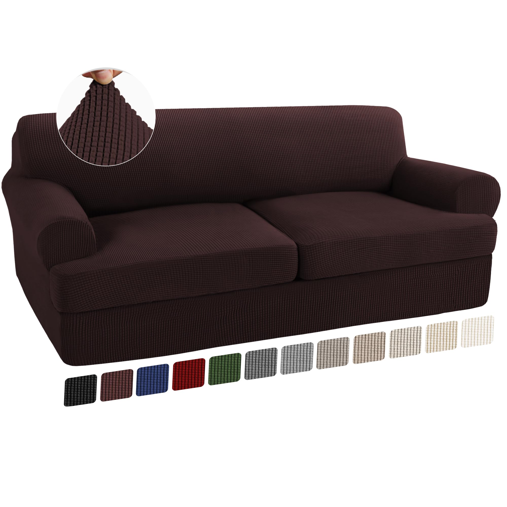 Turquoize 3 Piece T Cushion Sofa Slipcovers Sofa Cover For T Cushion Sofa Couches Stretch Couch Cover Furniture Covers With 2 Individual T Cushion Covers, Machine Washable (2 Cushion Sofa, Brown)