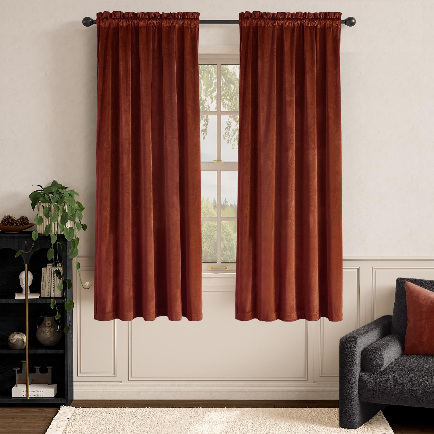 Lazzzy Orange Velvet Curtains Room Darkening Thermal Insulated Curtains 72 Inch Long Window Drapes For Bedroom Living Room Super Soft Luxury Rod Pocketwindow Treatment 2 Panels, Rust Red