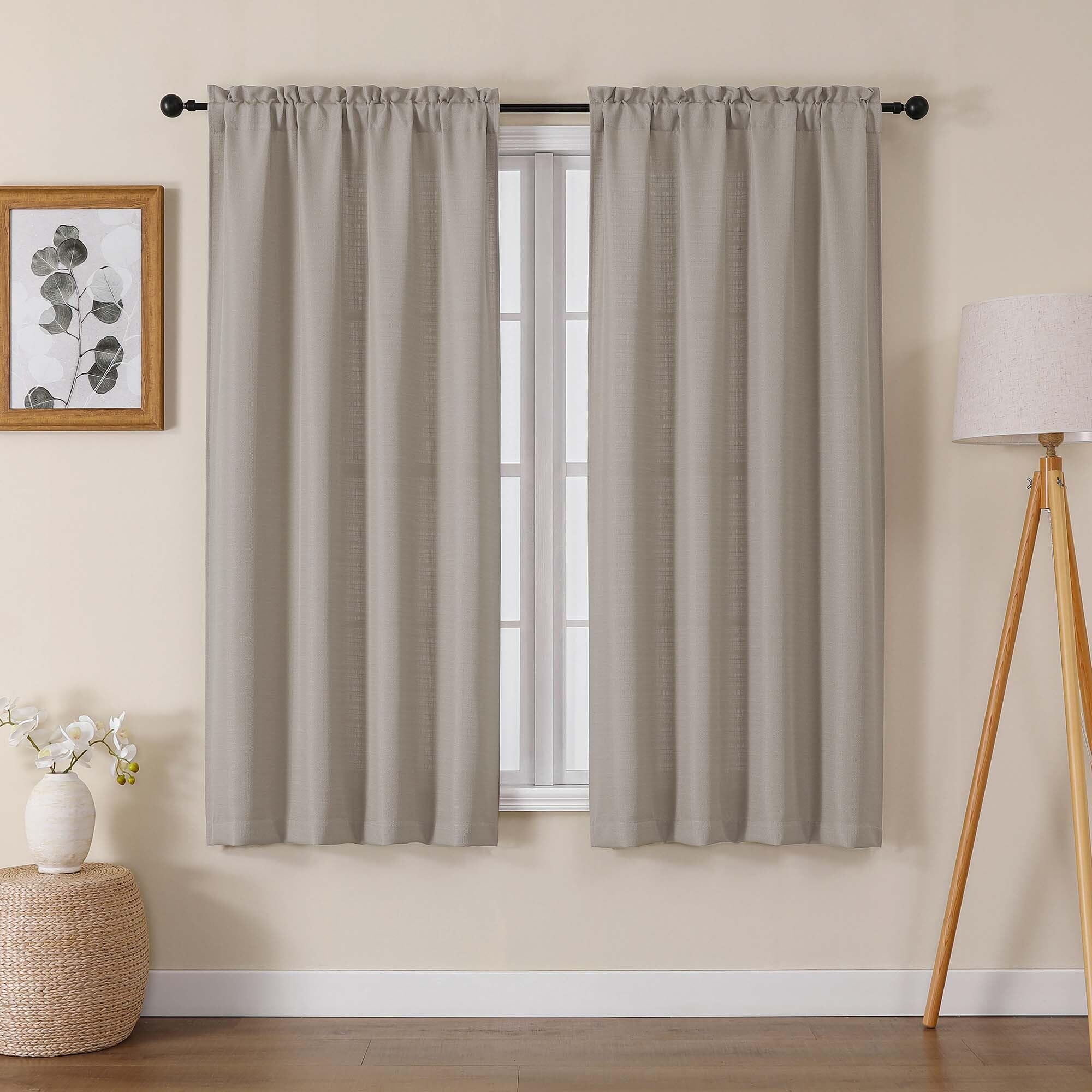Lecloud Bessie Stone Curtains 63 Inch Length 2 Panels, Light Filtering Curtains for Bedroom, Faux Linen Textured Rod Pocket Curt