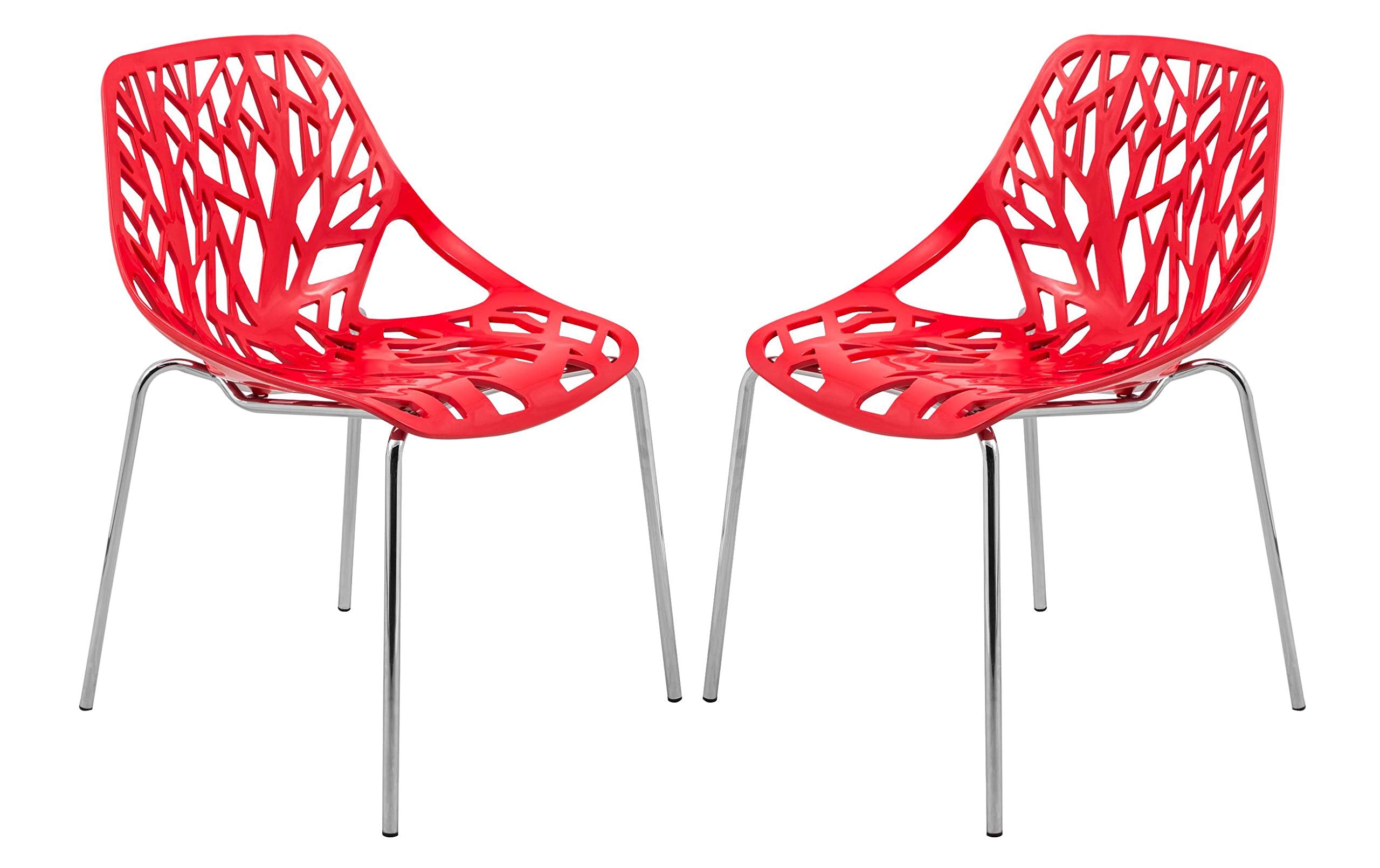 LeisureMod Forest Modern Dining Chair Set of 2 Red, Solid Back, Lightweight Polypropylene Seat with Chromed Legs, Stylish Contem