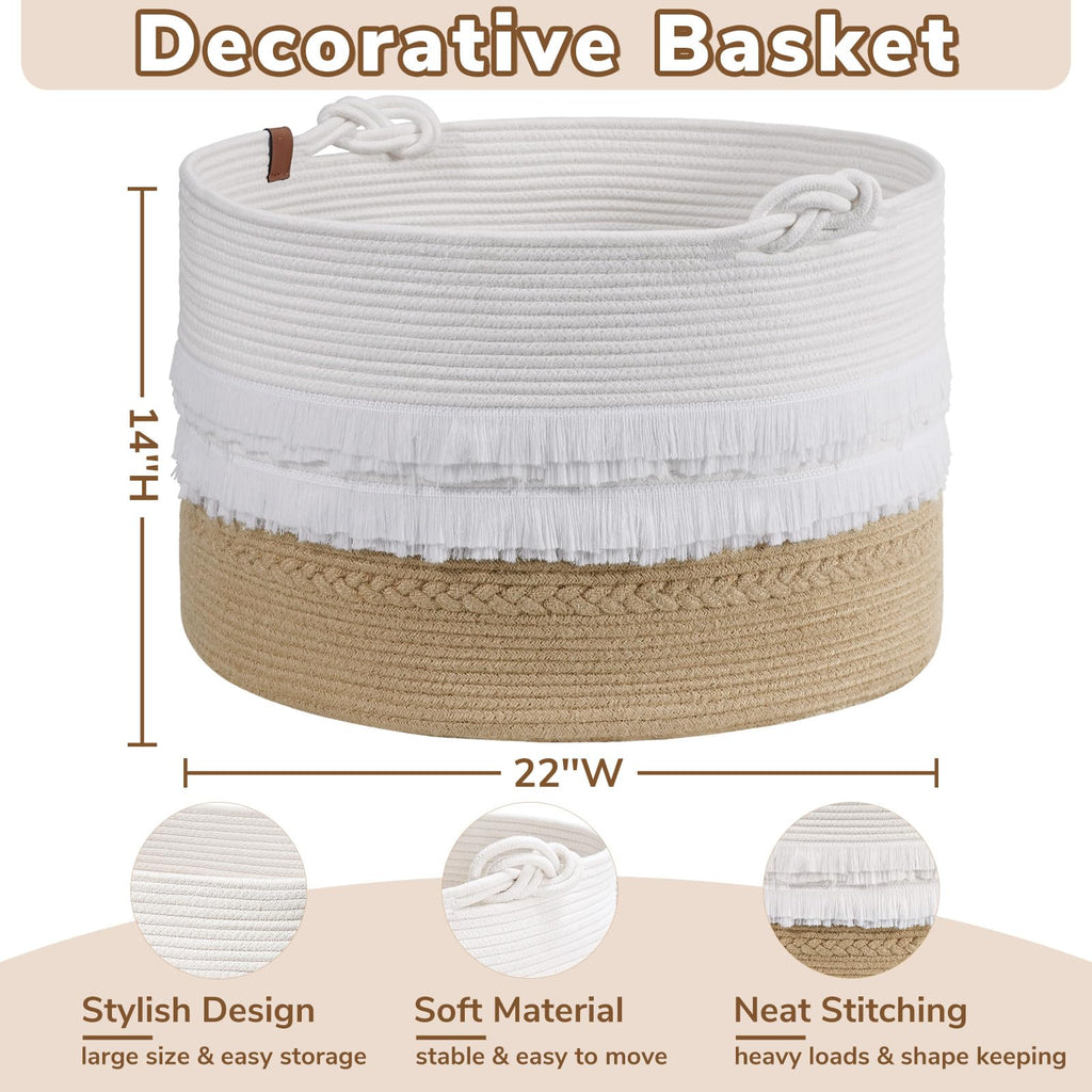 Cherrynow Large Wicker Laundry Basket For Entryway, Bedroom, Jute Decorative Basket For Clothes, Toys, Portable Towel Basket For Bathrooom, 22 X 14 Inches, 83L, White & Camel