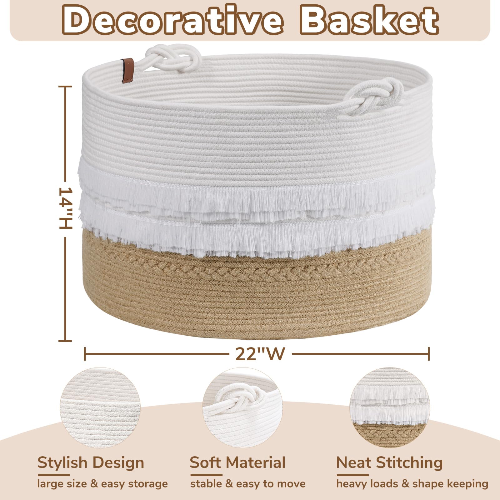 Cherrynow Large Wicker Laundry Basket For Entryway, Bedroom, Jute Decorative Basket For Clothes, Toys, Portable Towel Basket For Bathrooom, 22 X 14 Inches, 83L, White & Camel