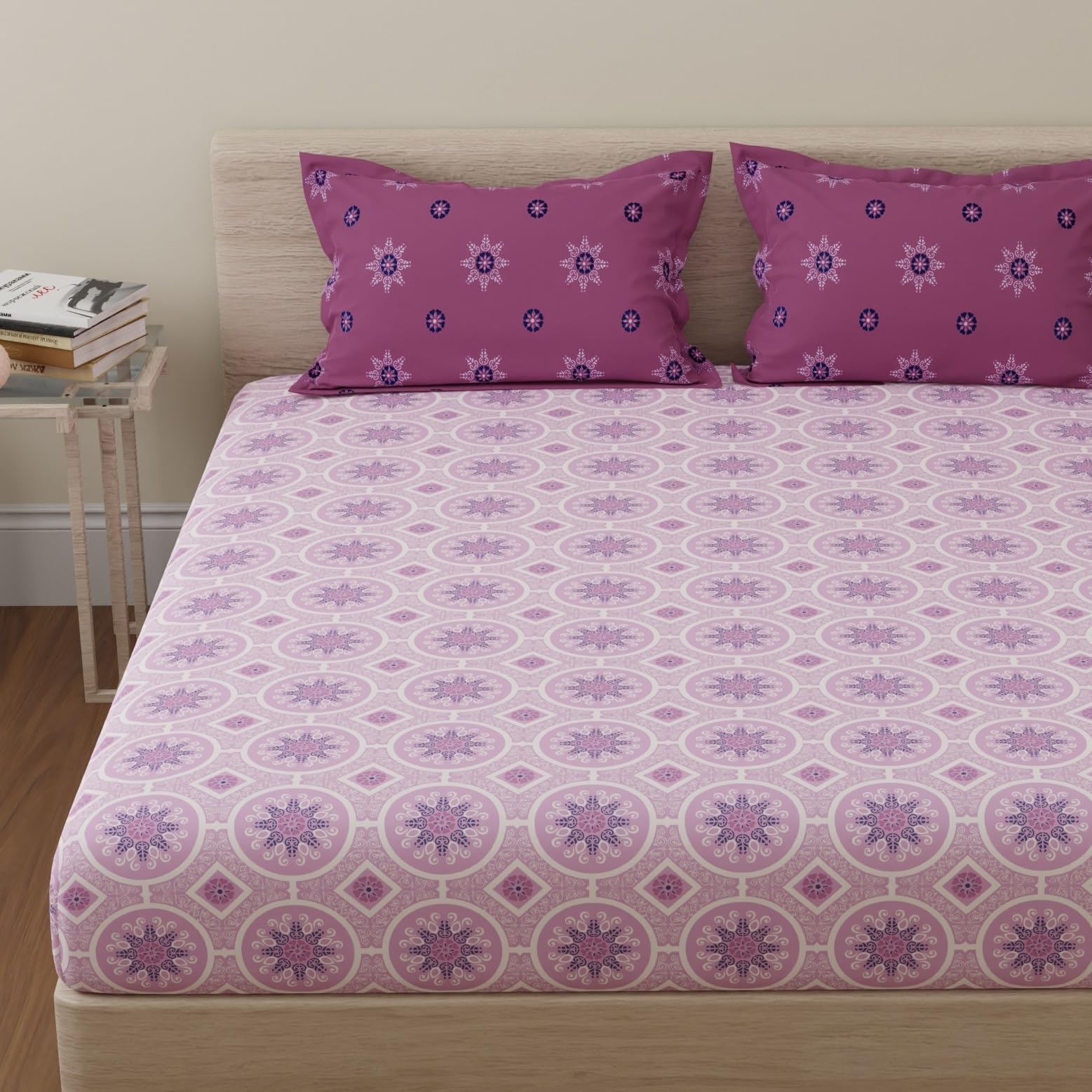 Huesland By Ahmedabad Cotton 144 Tc Bed Sheet King Size Cotton With 2 Pillow Covers | Mandala | 108X108 Inches | Pink & Magenta