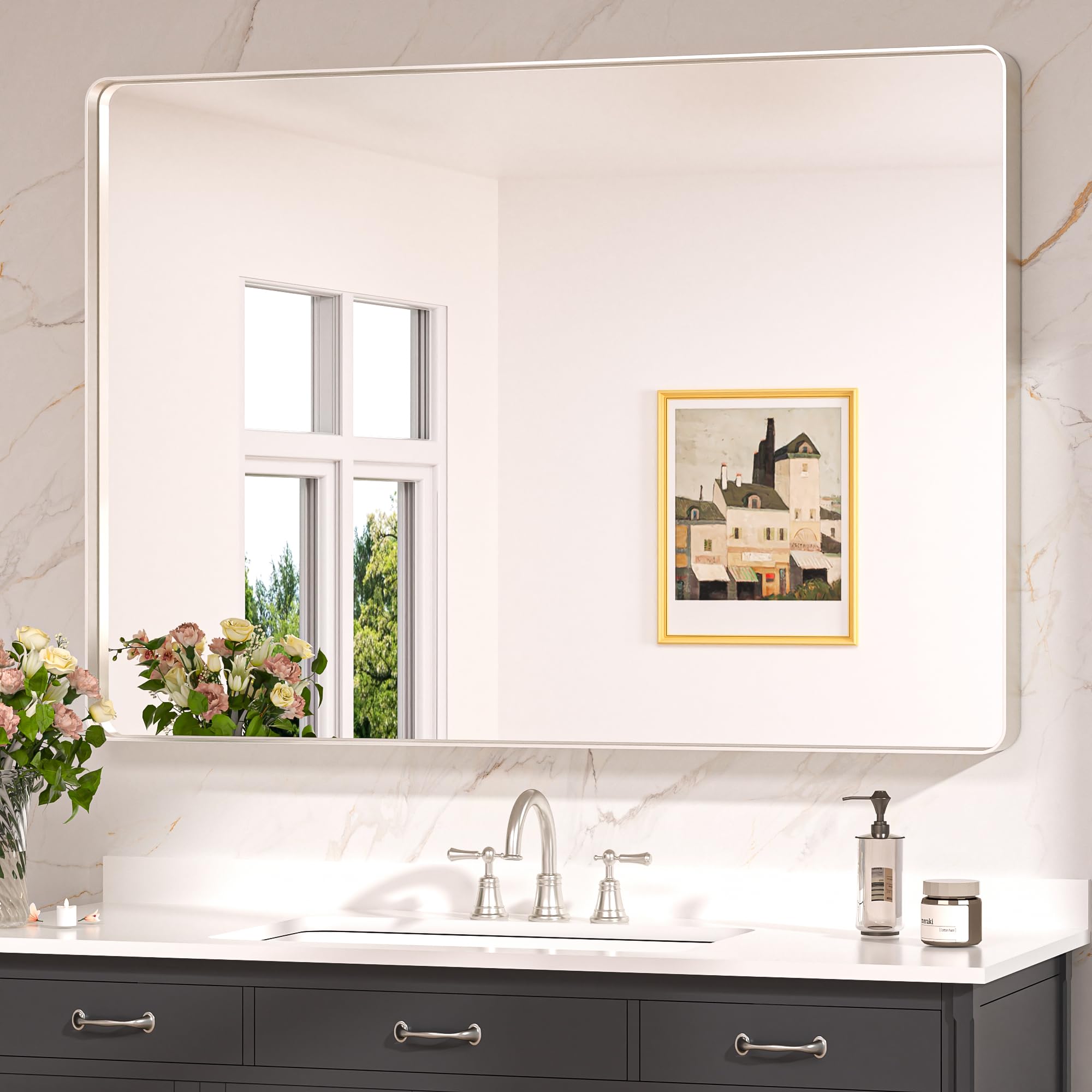 Keonjinn 48 x 36 Brushed Nickel Bathroom Vanity Mirror, Large Rounded Rectangle Bathroom Mirrors for over Sink, Metal Framed Sil
