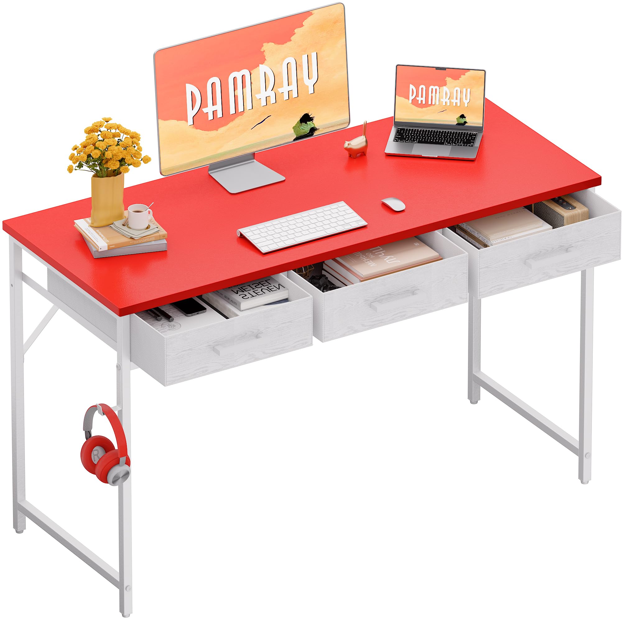 Pamray 47 Inch Small Computer Desk with 3 Drawers for Bedroom Study Writing Home Office Table for Small Spaces Red