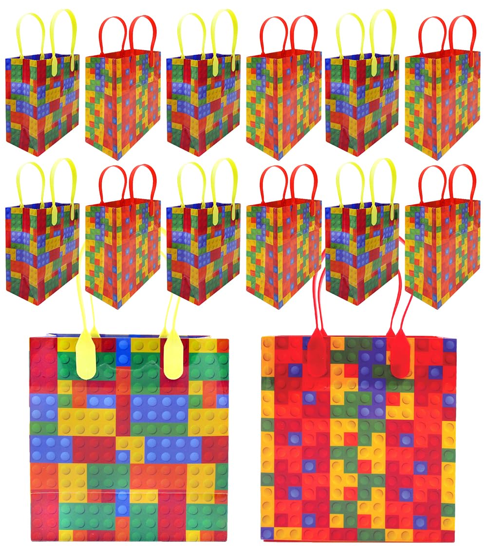 Tiny Mills Building Blocks Brick Party Favor Bags Treat Bags with Handles Birthday Party Goody Bags Candy Bags Pack of 12