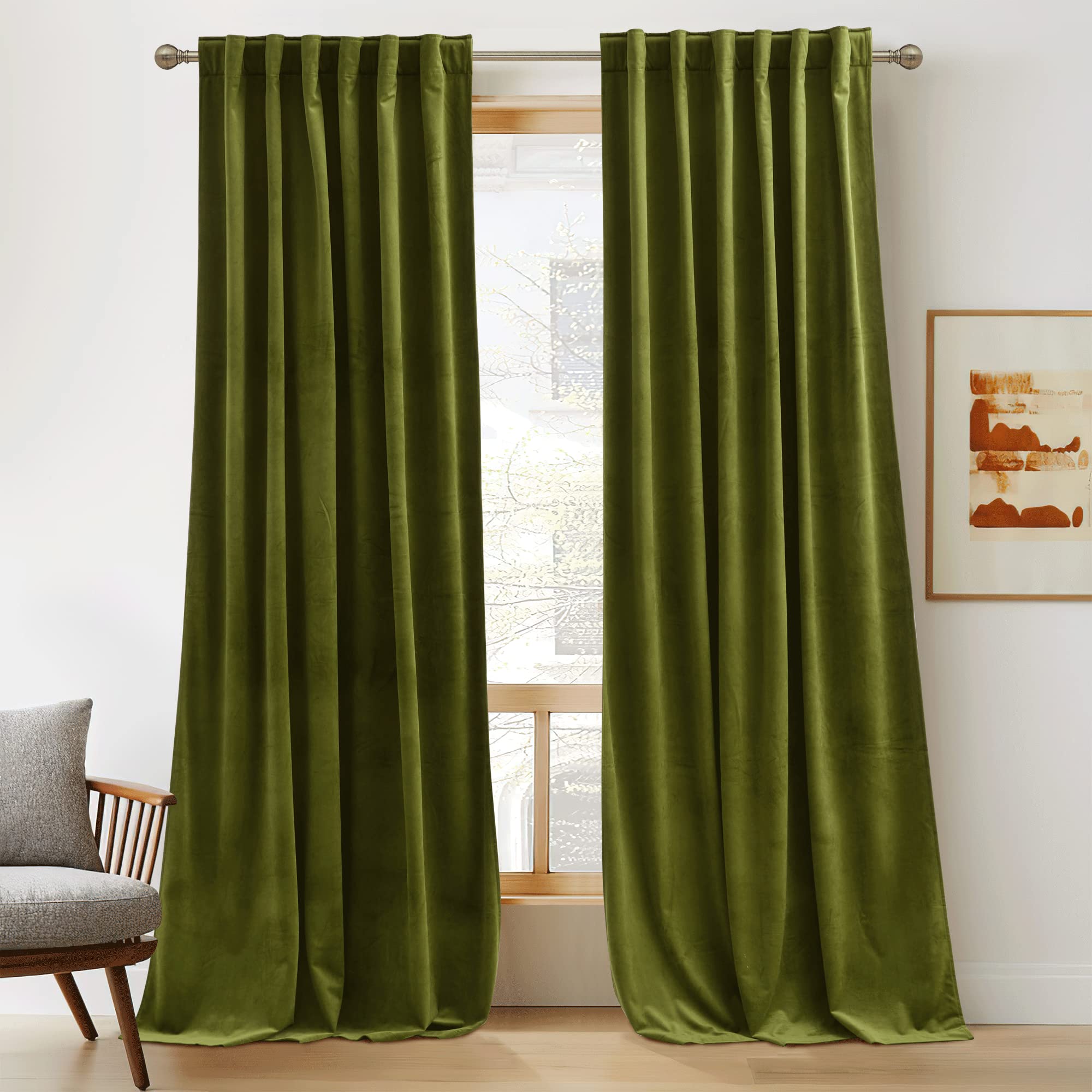 RYB Home Dark Green Curtains 96 inches Long, Plush Velvet Curtains, Thermal Insulated Darkening Window Drapes for Living Room Pr