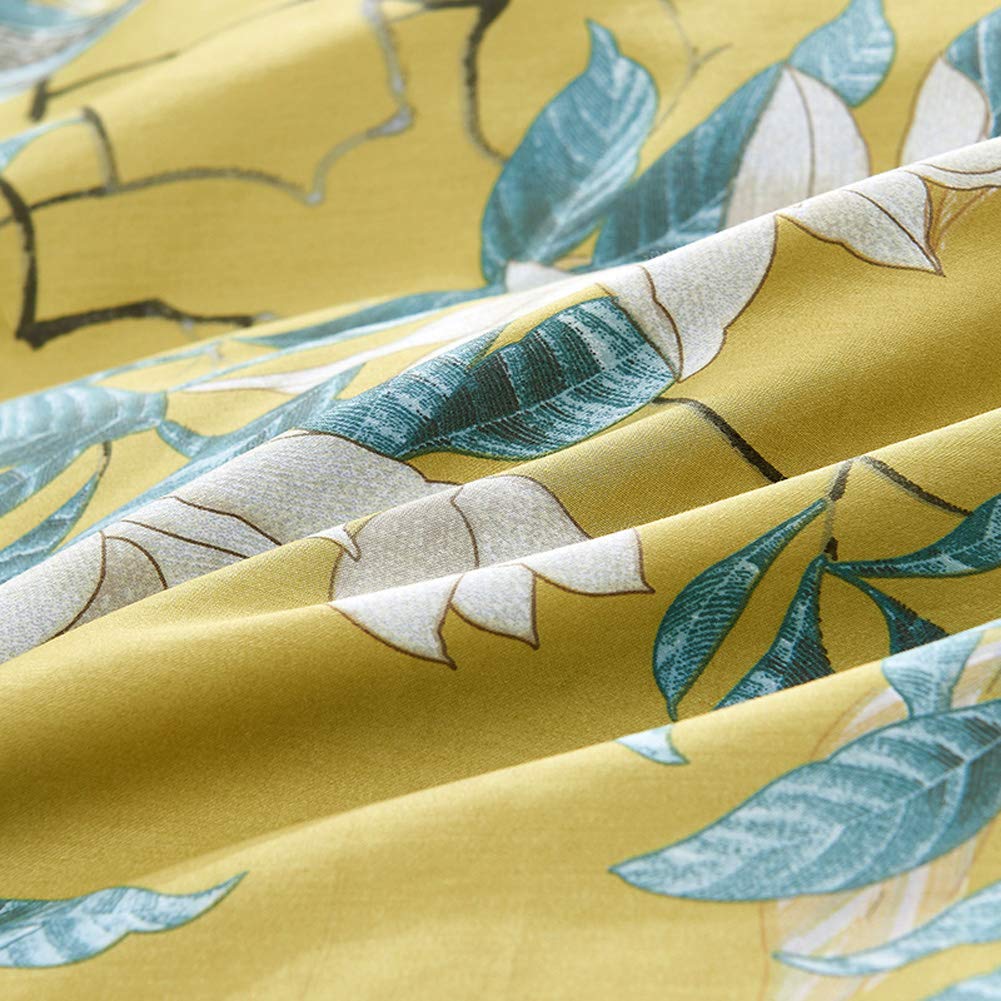 Mixinni Floral Duvet Cover Set Full Soft Cotton White Flowers Birds Bedding With Zipper Closure 2 Pillowcases Leaf Printed Yello