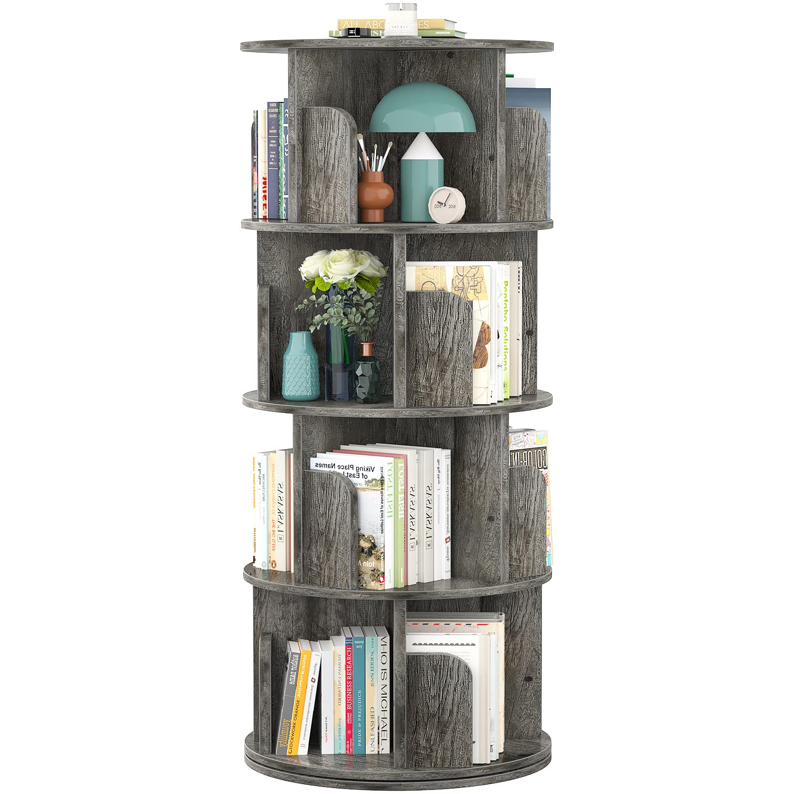 Aheaplus Rotating Bookshelf, 360 Display Corner Bookshelf for Small Space, 4 Tier Floor Standing Bookcase Storage Rack, Wood Nar