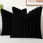 Decoruhome Faux Fur Throw Pillow Covers 20X20 Set Of 2, Decorative Soft Plush Striped Couch Pillow Covers With Velvet Back For Sofa, Bed, Living Room, Black