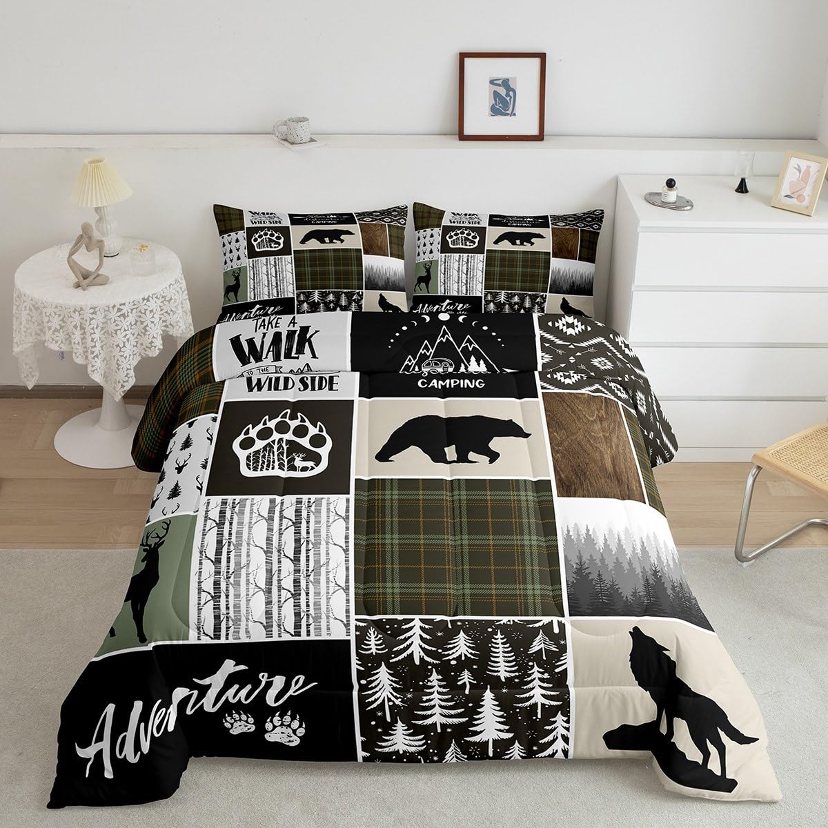 Camper Adventure Kids Comforter Set Full Size,Deer Antlers Bear Paws Rustic Farmhouse Bedding Set For Boys Girls Adults Room Dec