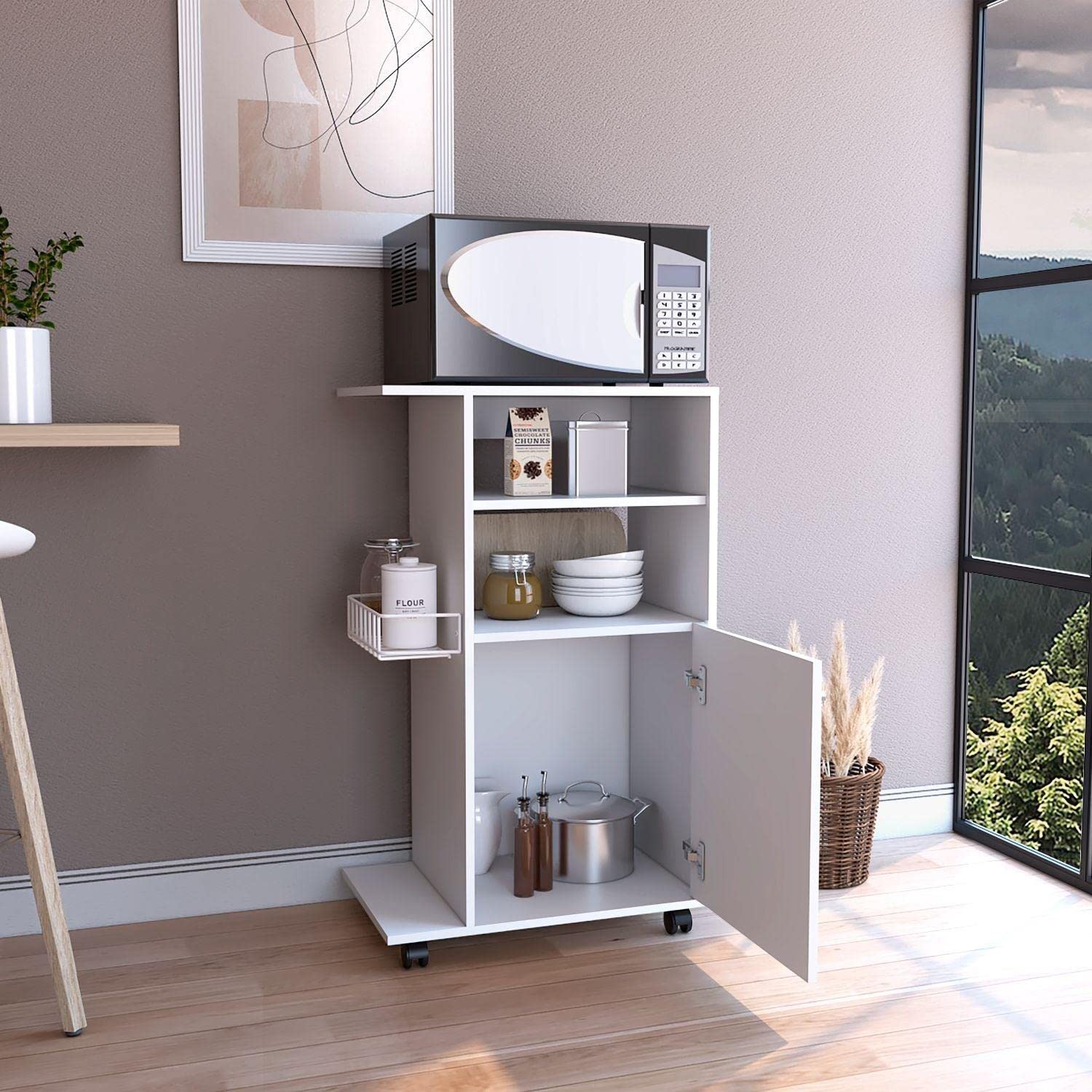 Modern Kitchen Cart 39" H, Single Door Cabinet, 4 Wheels, 1 Side Shelf, White
