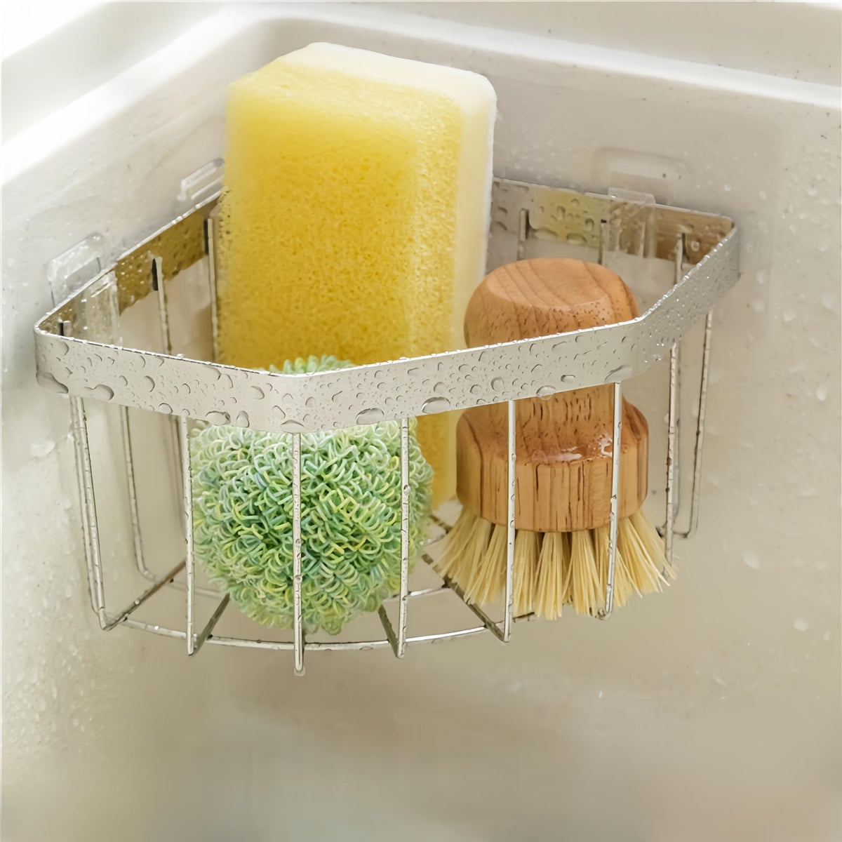 COKOEYSDR Wall Mounted Sink Caddy Organizer, Carbon Steel Kitchen Sponge Holder with 2 Adhesive Hooks, Triangular Drain Rack, 5.