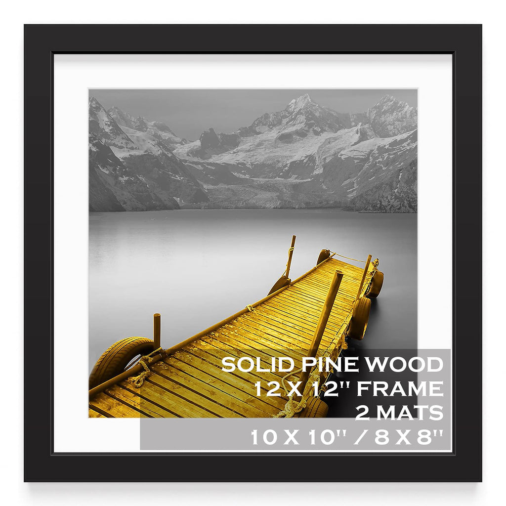12x12 Picture Frames Black Solid Wood Display Pictures 10x10 or 8x8 with Mat or 12x12 without Mat - 12x12 Inch Square Photo Fram