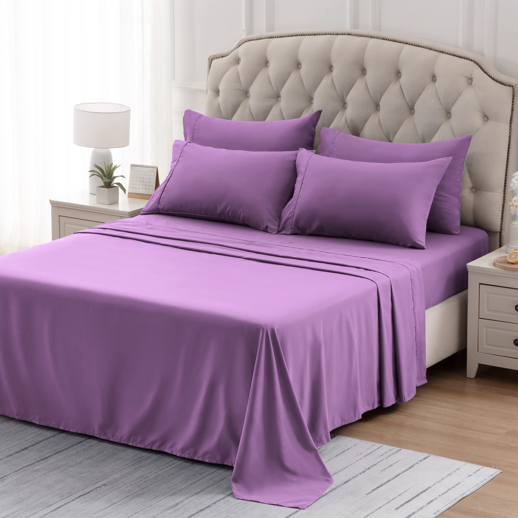 Sleep Zone Nanotex Super Soft Cooling King Bed Sheets Set 4 Piece - Easy Care Fitted Flat Sheet & Pillowcase Sets - Wrinkle Free, Fade Resistant, Deep Pocket 16' (Lavender, King)