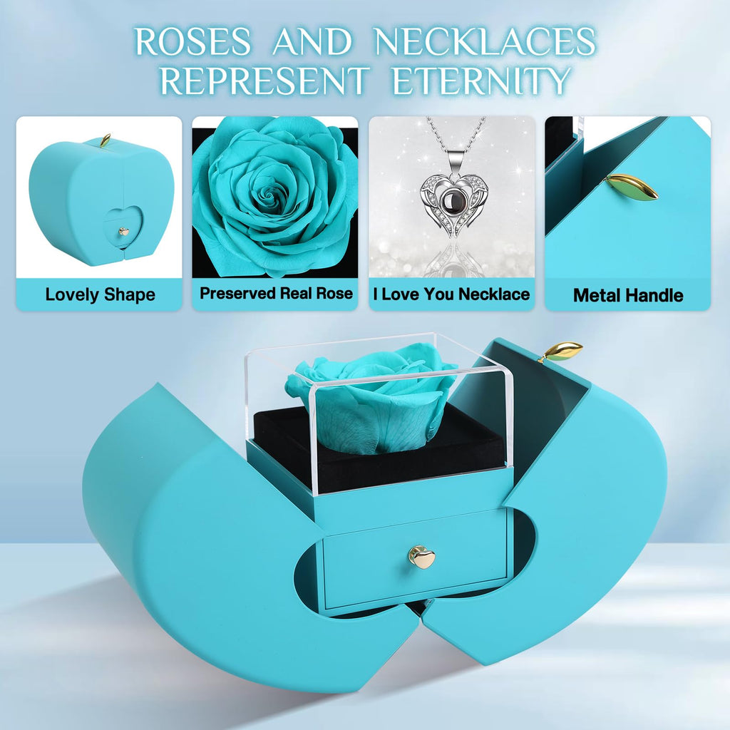 Preserved Real Cyan Rose Gift With I Love You In 100 Languages Necklace, Cute Gifts For Girlfriend, Women, Mom, Wife, Gifts Idea