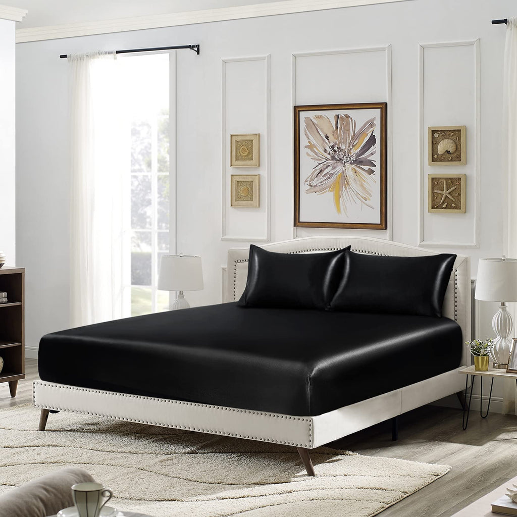Siinvdabzx 3-Piece Set Satin Full Fitted Sheet & 2 Pillowcase, Black Silky Soft Fitted Bottom Sheet, Wrinkle Free, Fade Resistan