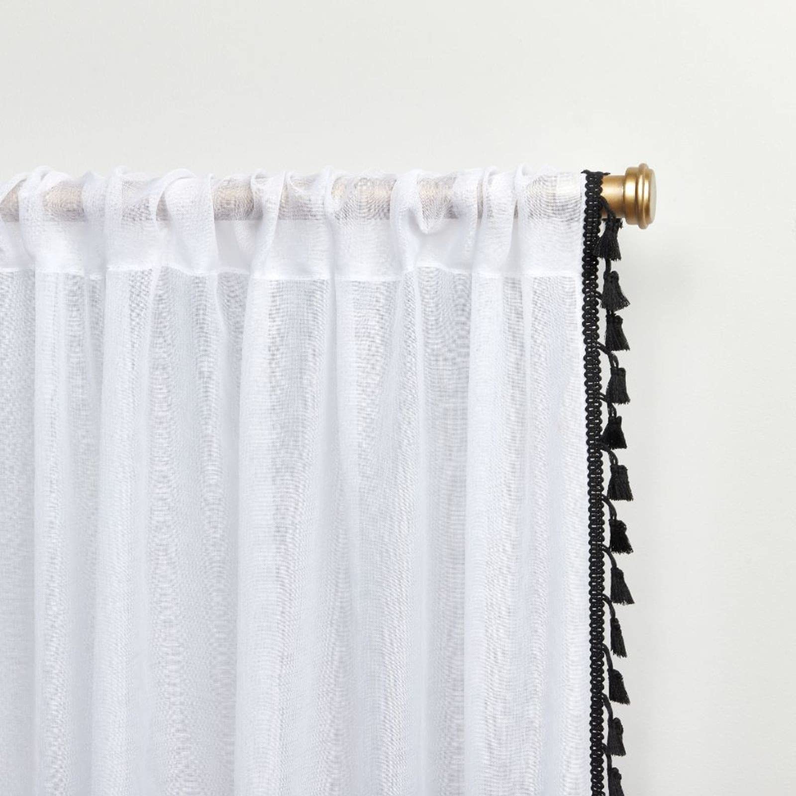 Exclusive Home Tassels Embellished Sheer Rod Pocket Curtain Panel Pair, 54''X84'', Black